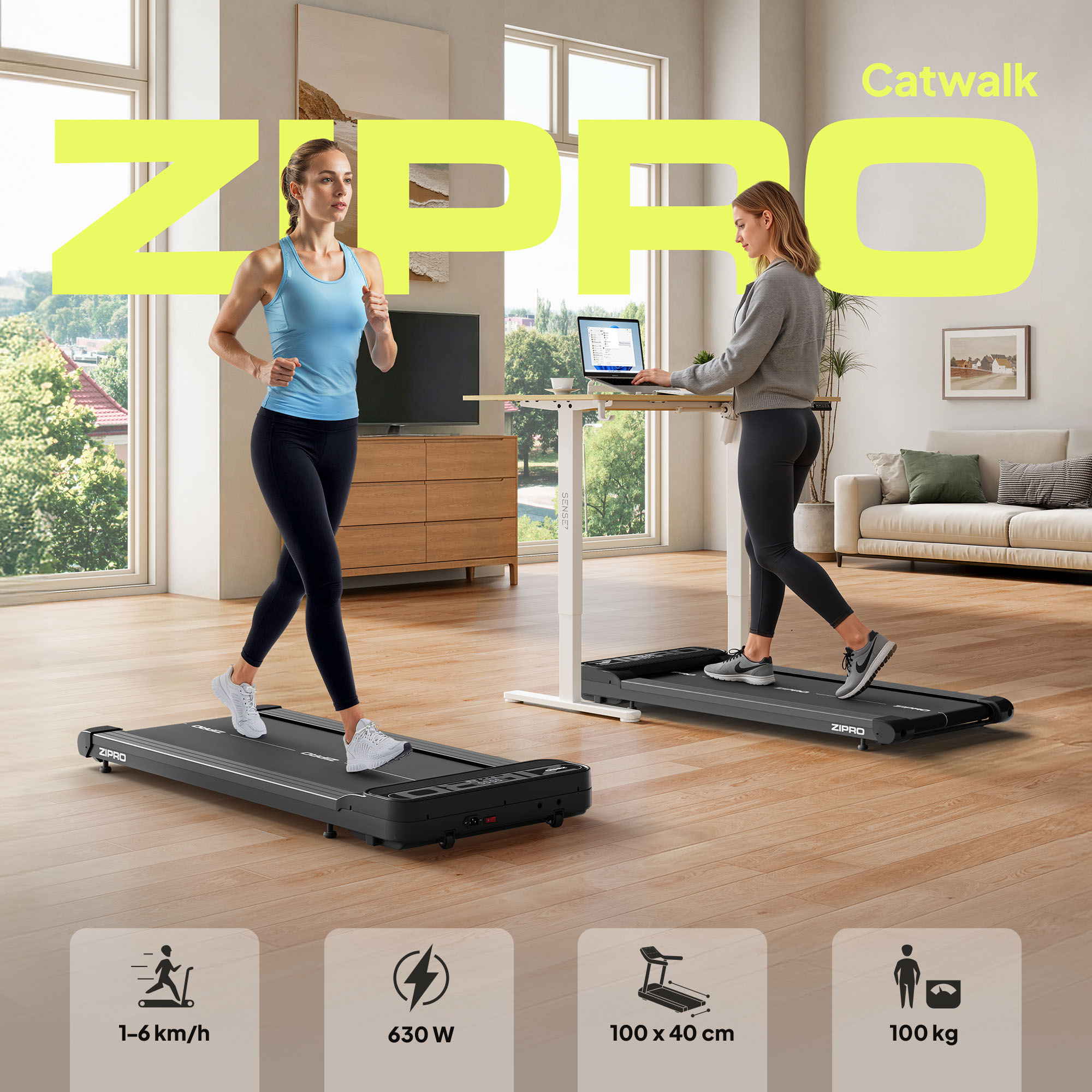 Zwei Frauen auf Laufbändern in einem Wohnzimmer. Eine läuft, die andere arbeitet am Laptop. Text: Zippro, Catwalk.