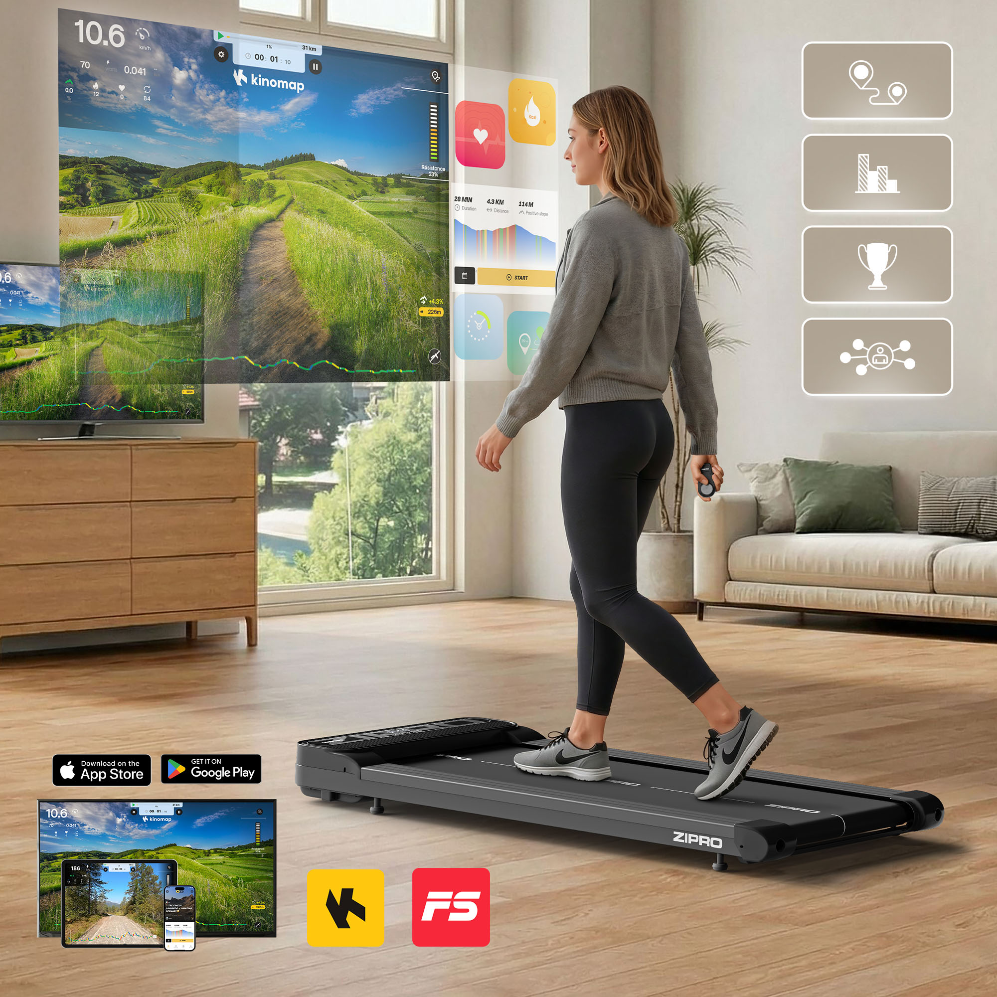 Eine Frau geht auf einem Laufband. Ein Bildschirm zeigt eine virtuelle Landschaft. Symbole für Herzfrequenz, Kalorien und Entfernung sind sichtbar.
