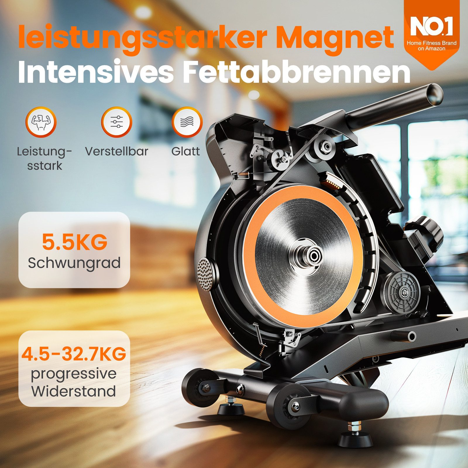 Ein Trainingsgerät mit Schwungrad und Widerstandseinstellungen wird gezeigt. Text bewirbt Magnetwiderstand und Fettverbrennung.