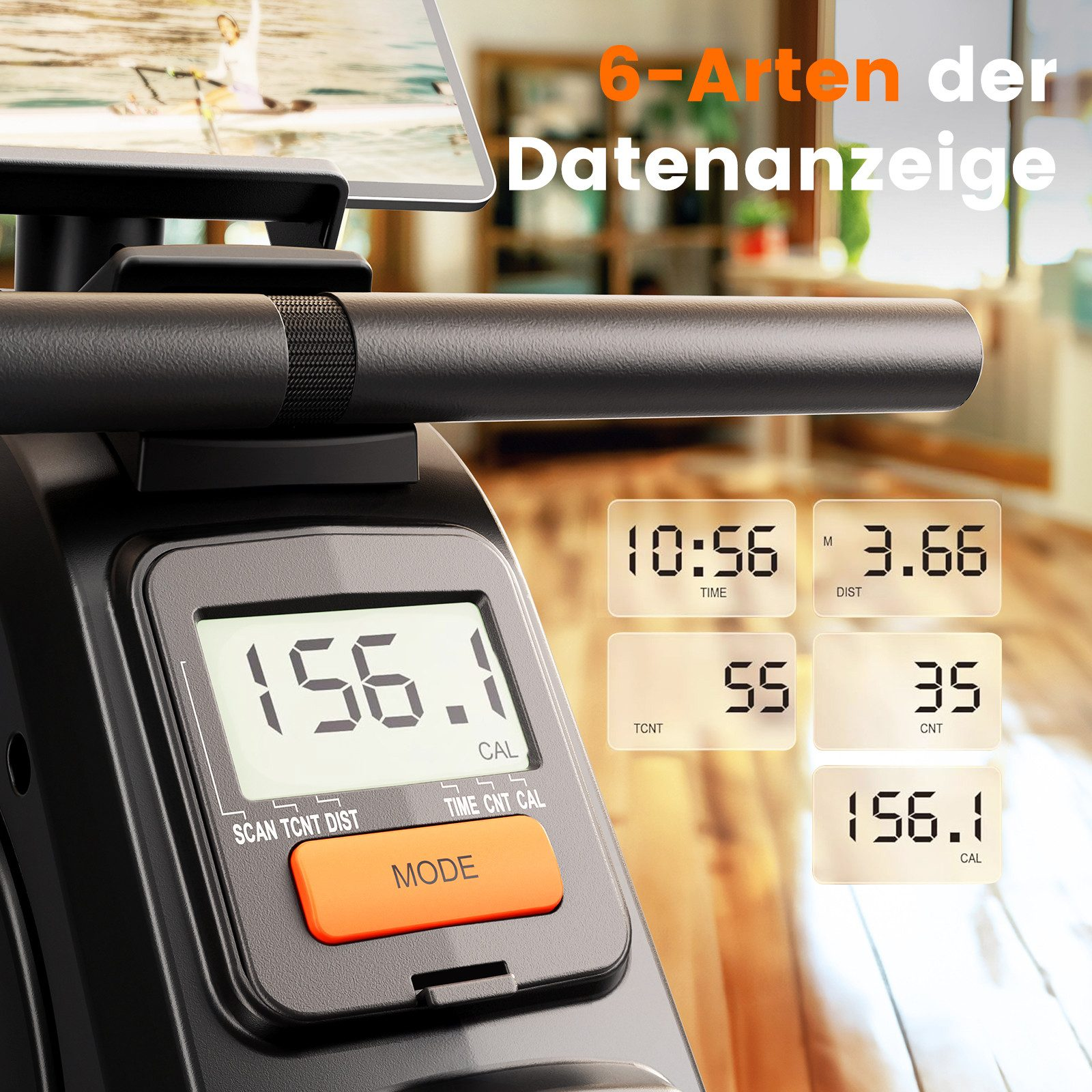 Rudergerät-Display mit Zeit, Distanz, Zählung und Kalorien. Ein Tablet ist oben montiert.