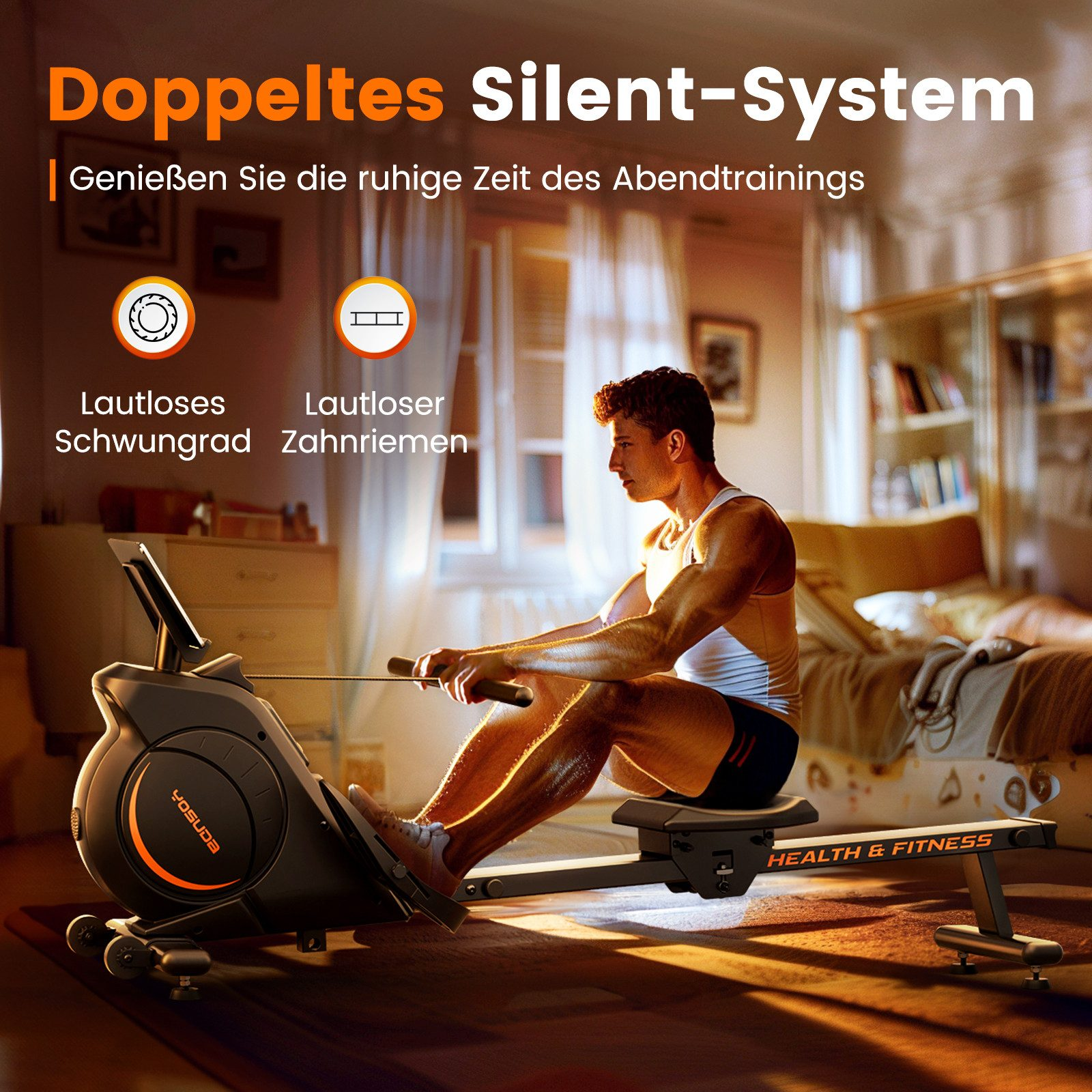Mann benutzt drinnen ein Rudergerät. Die Maschine ist schwarz mit orangefarbenen Akzenten. Der Hintergrund umfasst ein Bett und ein Bücherregal.