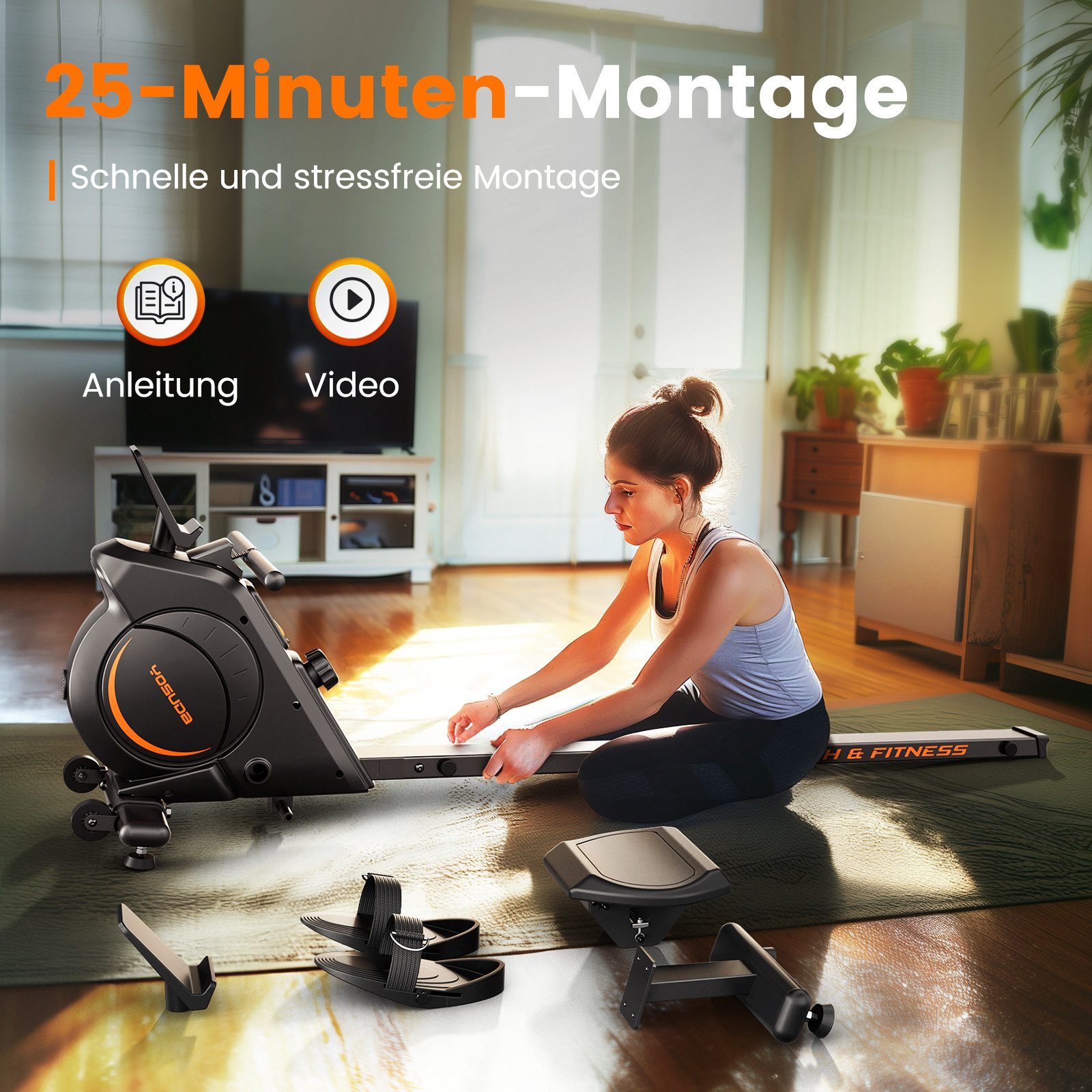 Frau montiert ein Trainingsgerät. Teile des Rudergeräts liegen auf dem Boden. Im Hintergrund sind ein Fernseher, ein Schrank und Pflanzen.