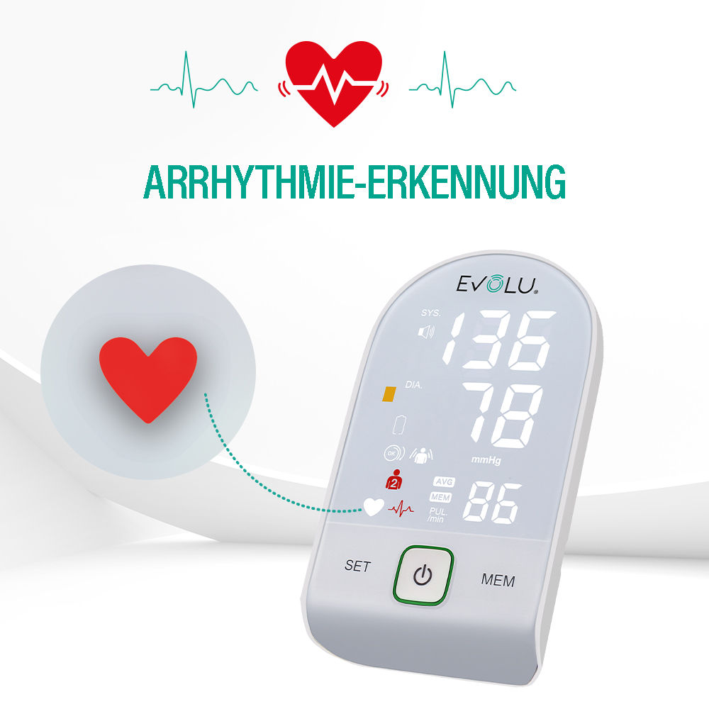 Das Bild zeigt ein Blutdruckmessgerät mit Messwerten und einem Herzsymbol. Text: 'Arrhythmie-Erkennung'.