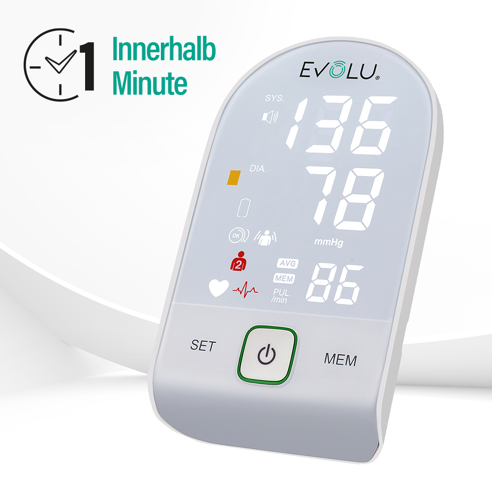 Ein Blutdruckmessgerät zeigt Messwerte an: 136/78 mmHg, Puls 86. Enthält einen Ein-/Ausschalter und ein Uhrensymbol mit Text 'Innerhalb Minute'.