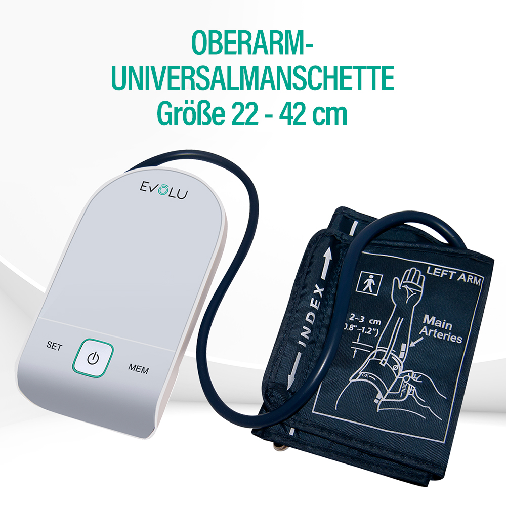 Ein Oberarm-Blutdruckmessgerät. Ein weißes Gerät mit Knöpfen und eine schwarze Manschette mit Anweisungen und Diagrammen, verbunden durch ein Rohr.