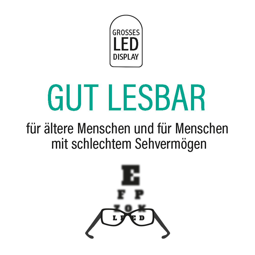 Bild mit Text: GUT LESBAR, Sehtafel, Brille und LED-Display-Symbol. Text deutet auf Nutzung für Sehbehinderte hin.