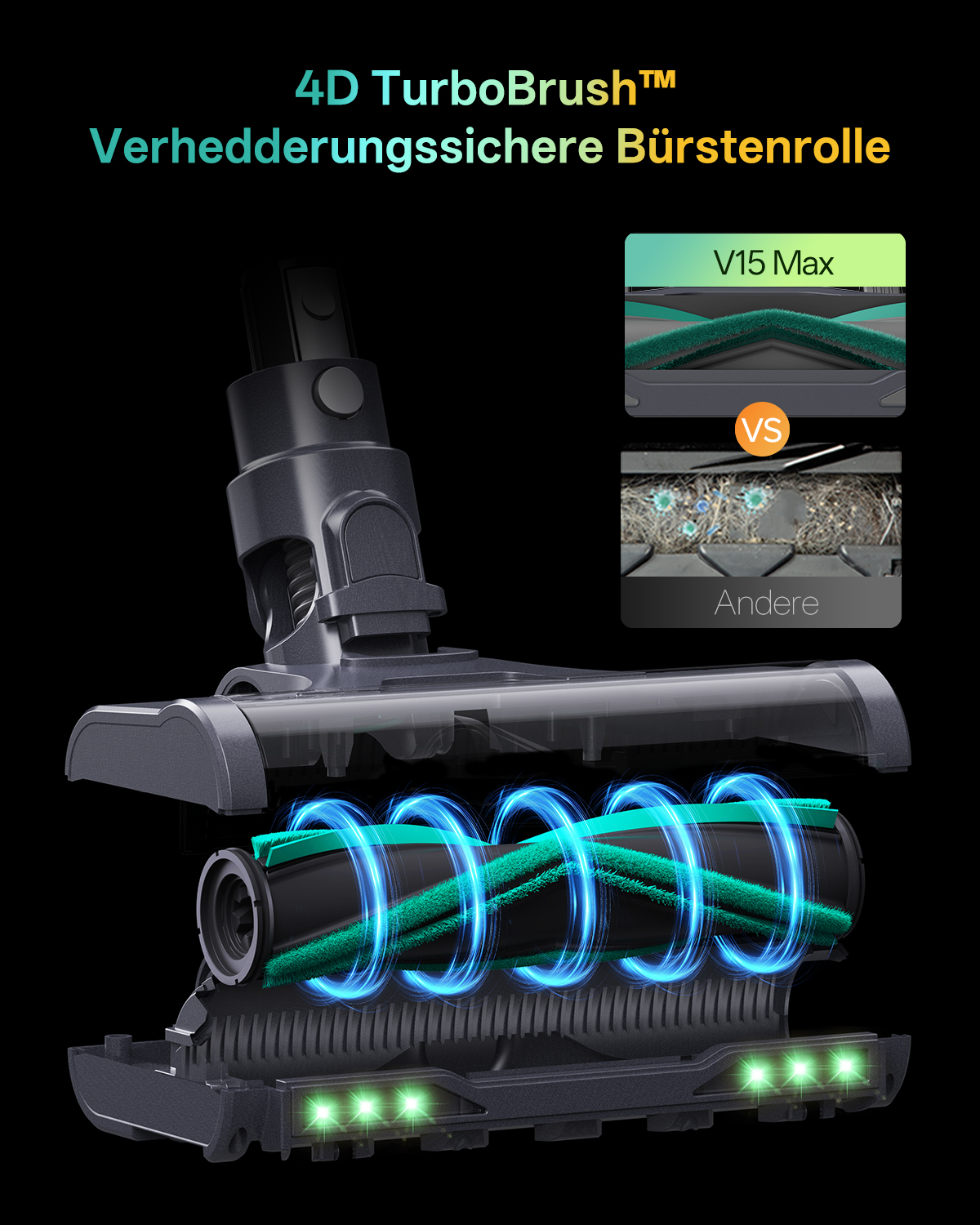 Staubsaugerkopf mit 4D TurboBrush, zeigt interne Komponenten und leuchtende Lichter, mit 'V15 Max' vs. 'Andere' Vergleich.
