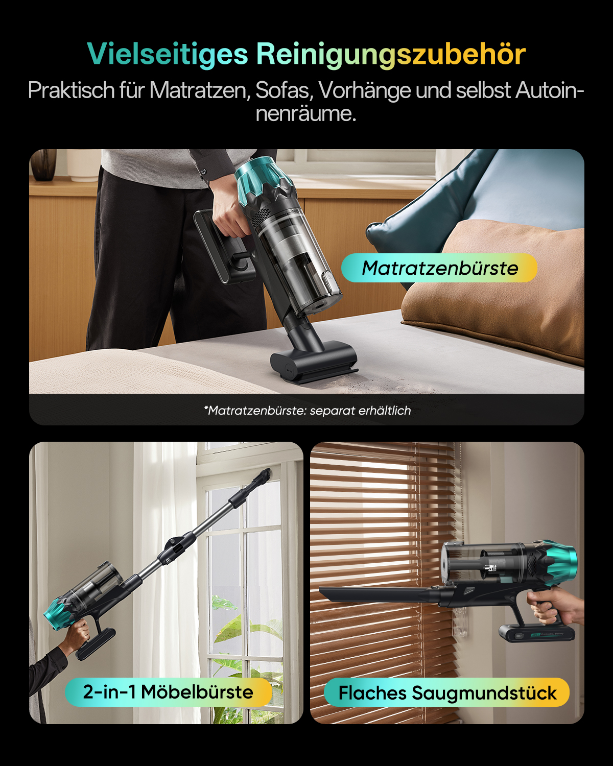 Ein Staubsauger mit verschiedenen Aufsätzen wird gezeigt, darunter eine Matratzenbürste, eine 2-in-1-Möbelbürste und eine Flachdüse.