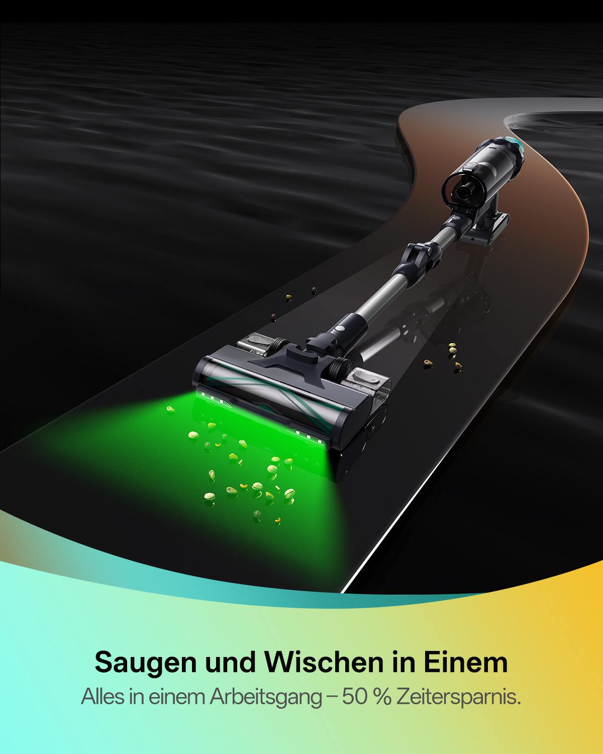 Ein Staubsauger mit grünem Licht reinigt eine Oberfläche. Der Hintergrund ist eine dunkle, glänzende Oberfläche mit Schmutz.