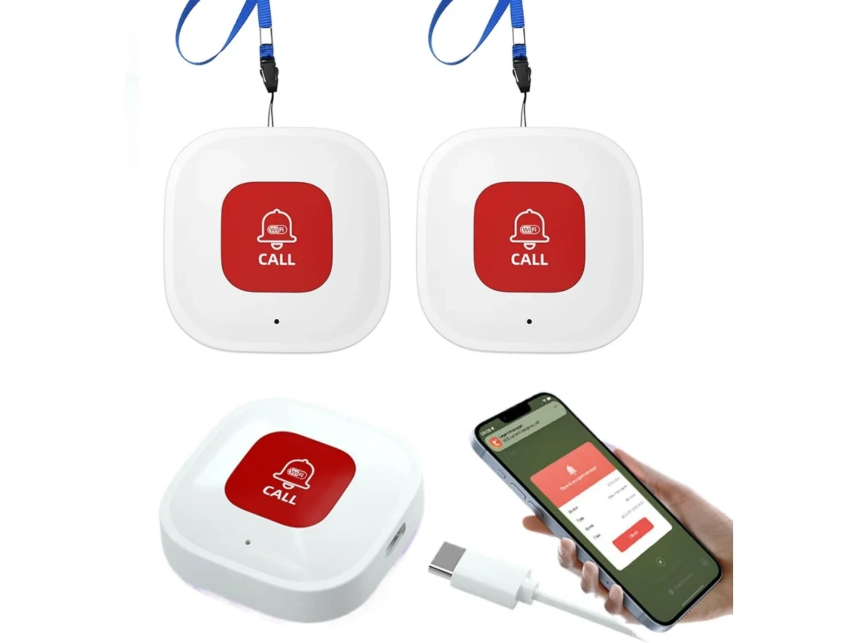 Das Bild zeigt drei weiße Notfallknöpfe mit roten Anruftasten, blauen Lanyards und ein Smartphone mit einem Notfallalarm.