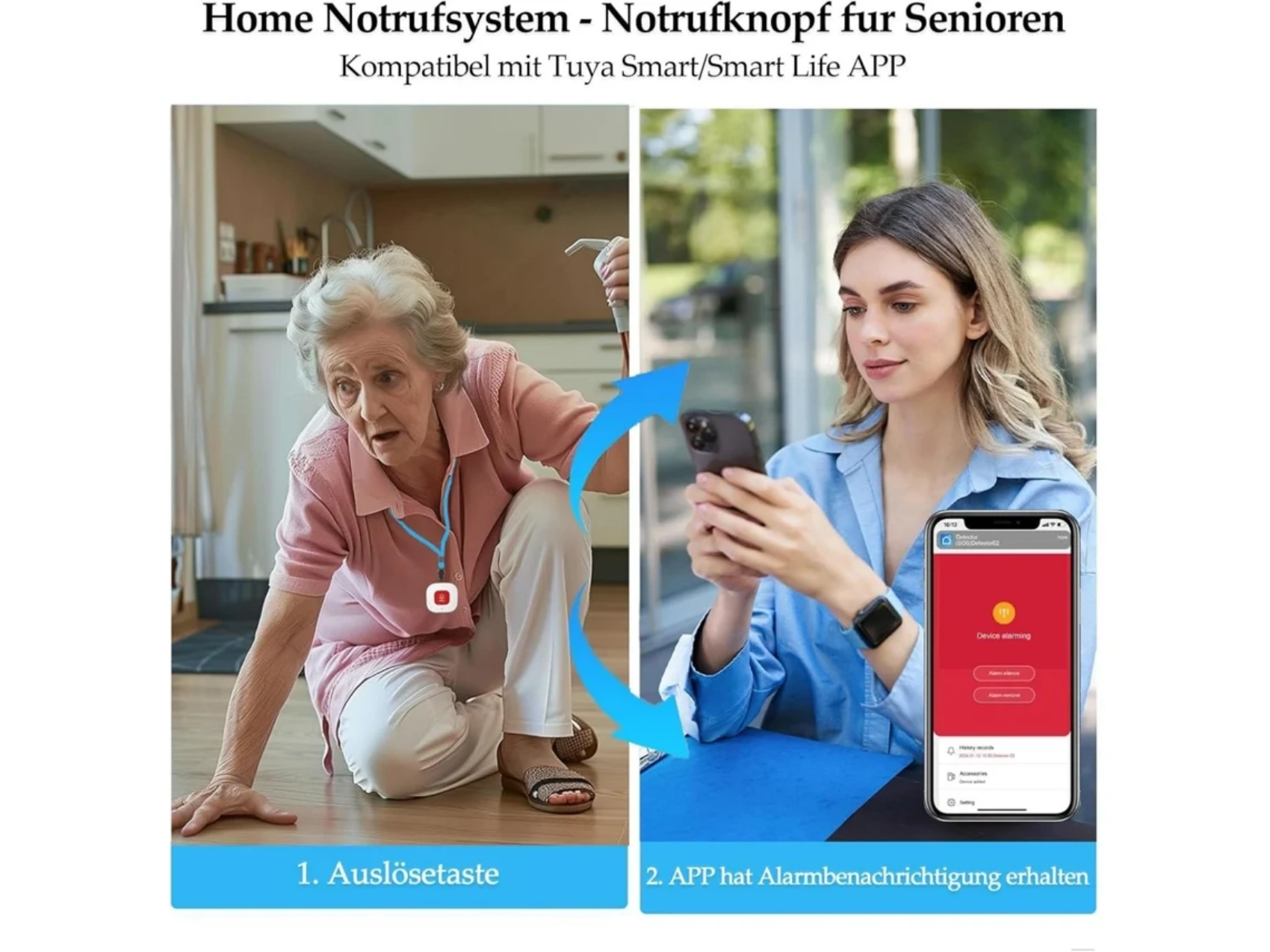 Eine ältere Frau liegt am Boden, eine jüngere Frau betrachtet ihr Telefon und zeigt eine Notfallmeldung. Das Bild beschreibt ein Notrufsystem.