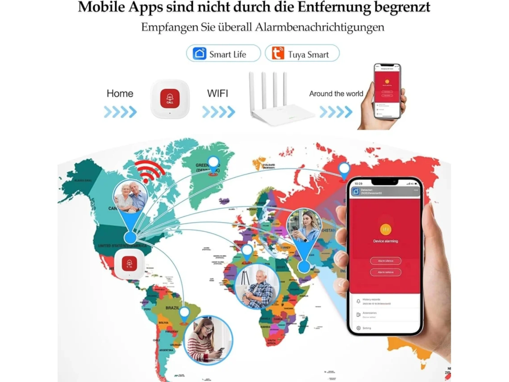 Weltkarte mit Handynutzern. Ein Telefon zeigt einen roten Alarm. Symbole zeigen Zuhause, WLAN und eine Smart-App.