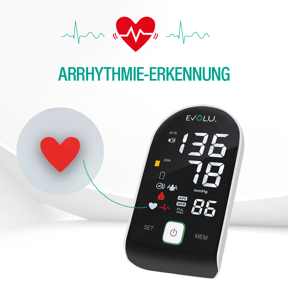 Das Bild zeigt ein Blutdruckmessgerät mit Messwerten und einem Herzsymbol. Text: 'ARRHYTHMIE-ERKENNUNG'.