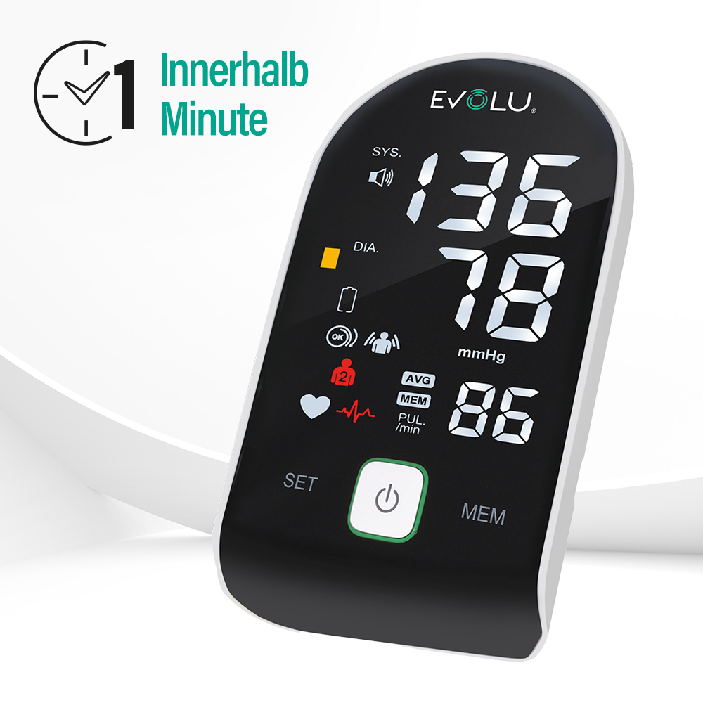 Ein Blutdruckmessgerät zeigt Messwerte an: 136/78 mmHg, Puls 86. Enthält Symbole und Text: SYS, DIA, AVG, MEM, PUL/min, SET und einen Einschaltknopf.