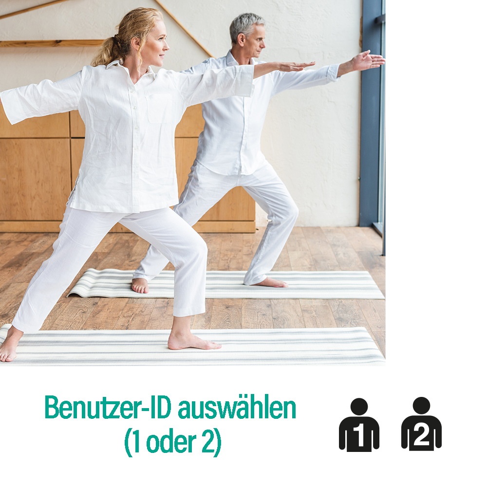 Zwei Personen in weißer Sportkleidung machen Yoga auf Matten. Der Text unten lautet: Benutzer-ID auswählen (1 oder 2).