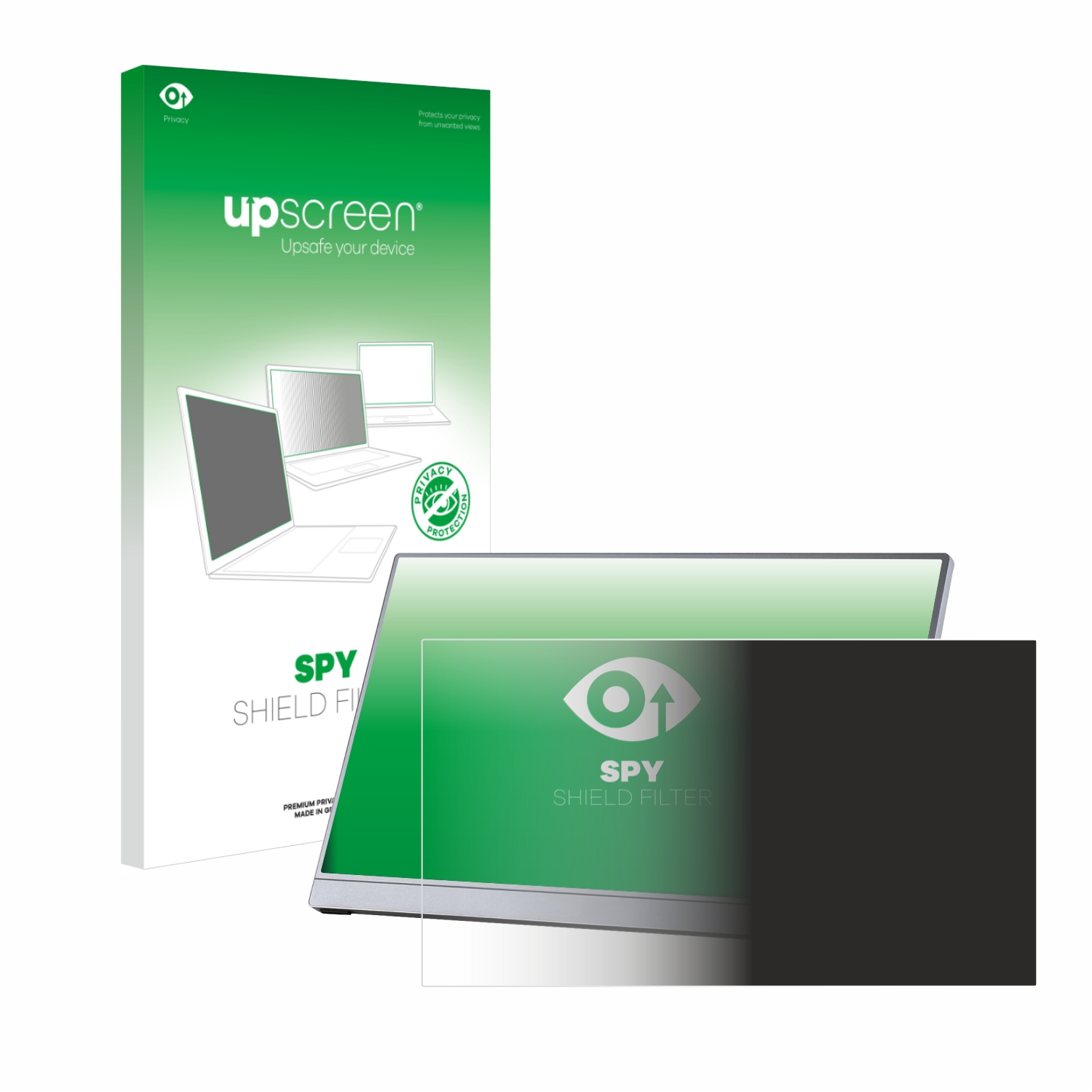Gezeigt werden ein Blickschutzfilter und seine Verpackung. Der Filter ist mit 'SPY SHIELD FILTER' beschriftet. Die Verpackung hat das 'upscreen' Logo.