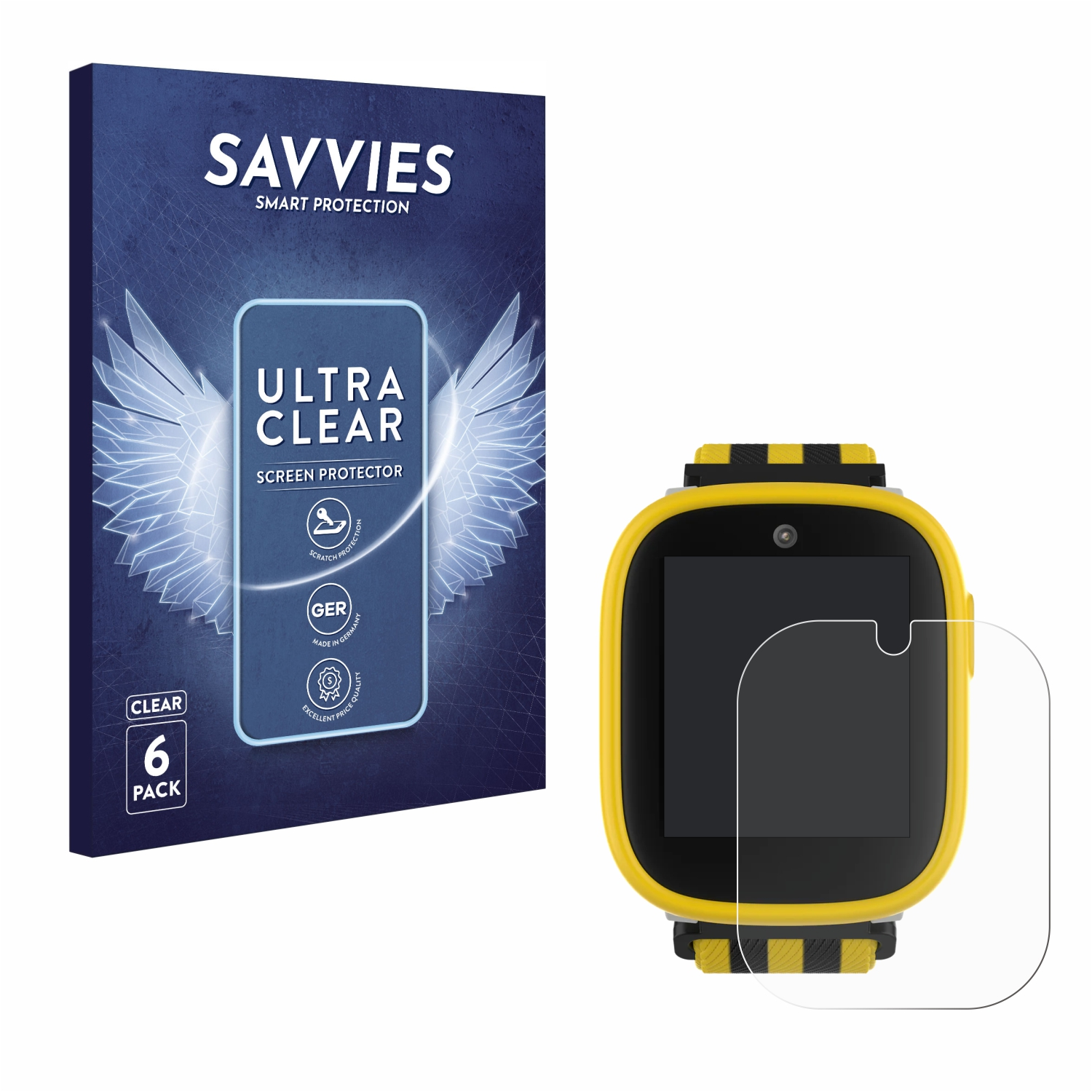 Eine gelbe Smartwatch mit Displayschutzfolie und eine Displayschutzfolienbox. Die Box hat den Text 'SAVVIES' und 'ULTRA CLEAR'.