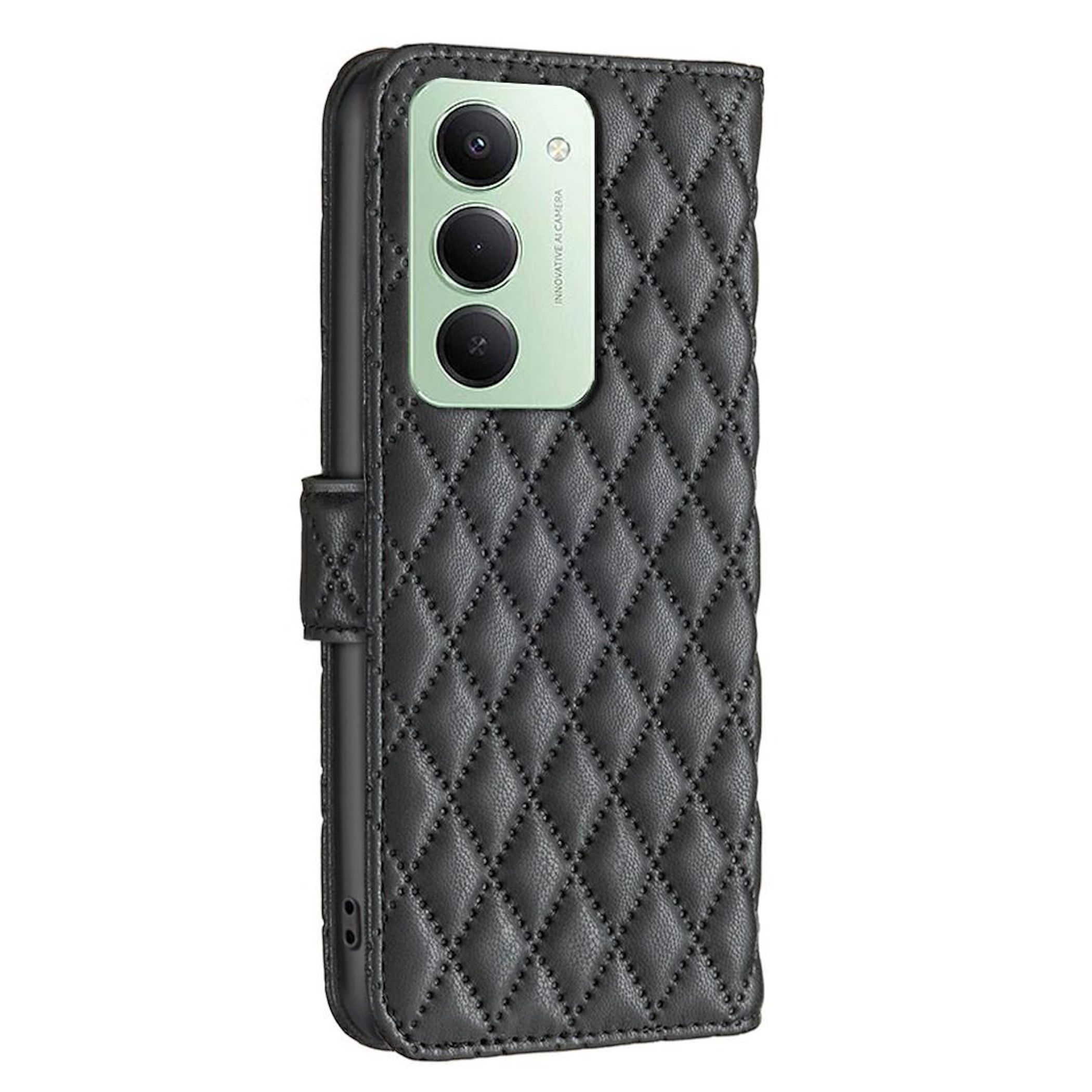 Schwarze Handyhülle mit Steppmuster. Sie hat ein Kameramodul mit drei Linsen und dem Schriftzug INNOVATIVE AI CAMERA.