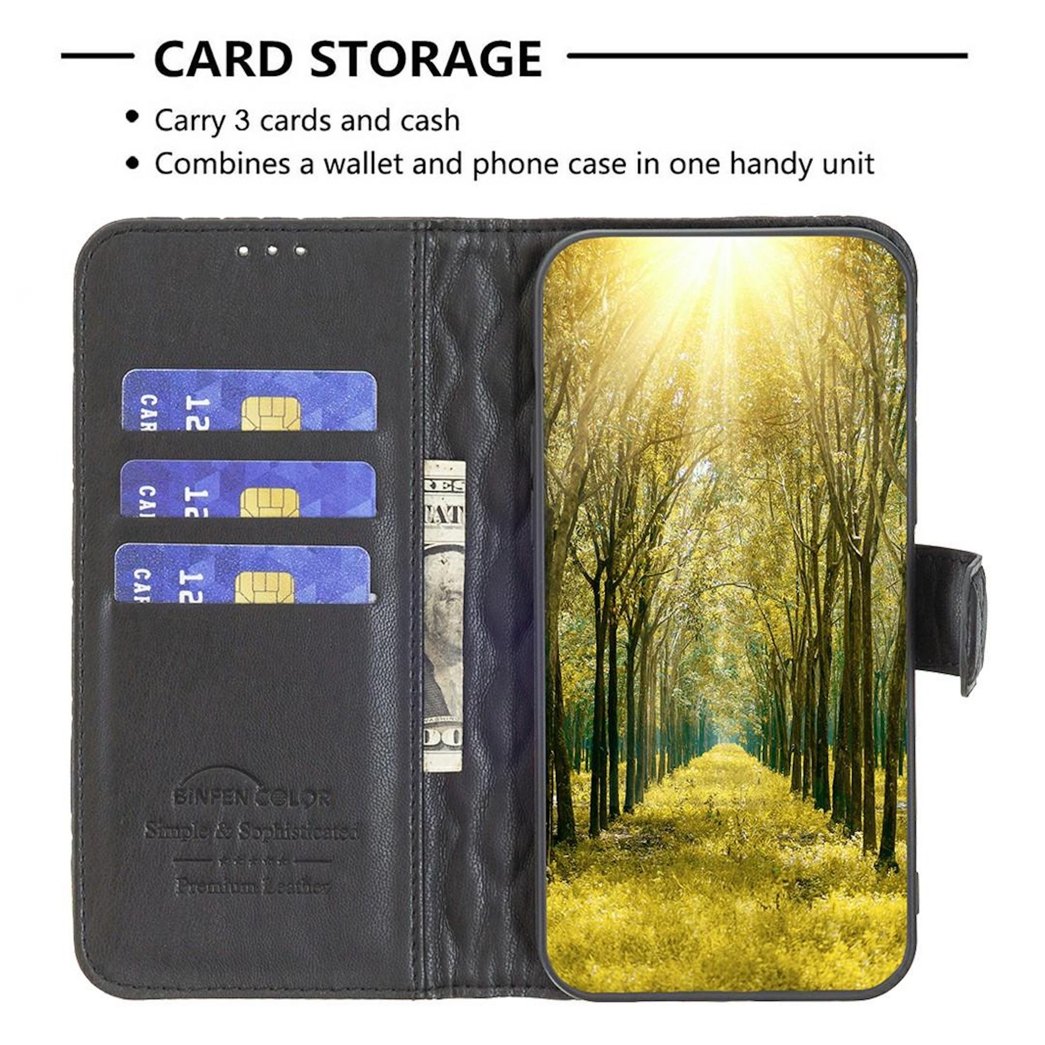 Eine Brieftasche mit Karten, einem Geldschein und einem Telefon, das einen sonnigen Waldweg zeigt.