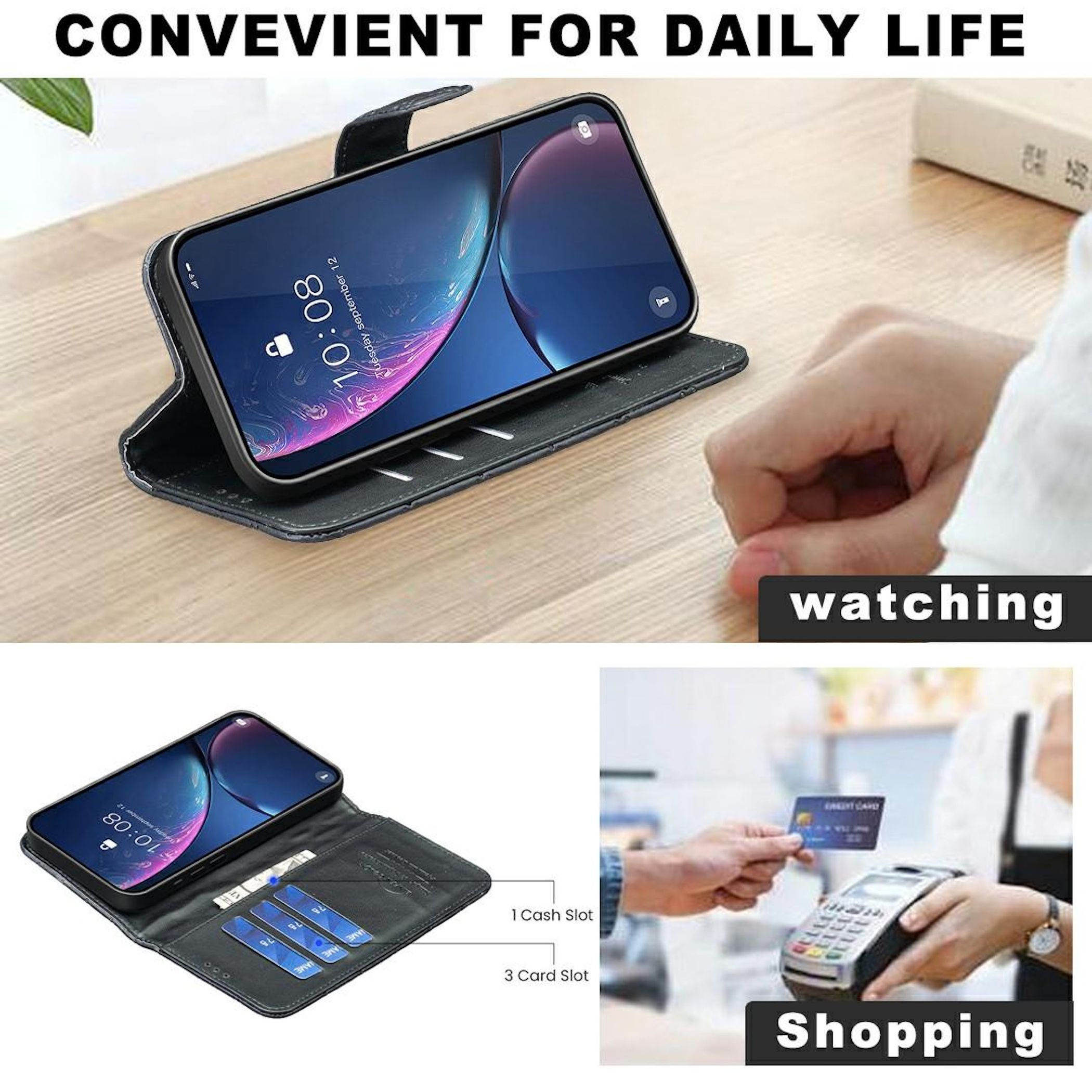 Ein Telefon in einer Hülle zeigt die Uhrzeit an. Das Bild zeigt auch eine Brieftasche, eine Hand, die eine Karte benutzt, und Einkaufen.