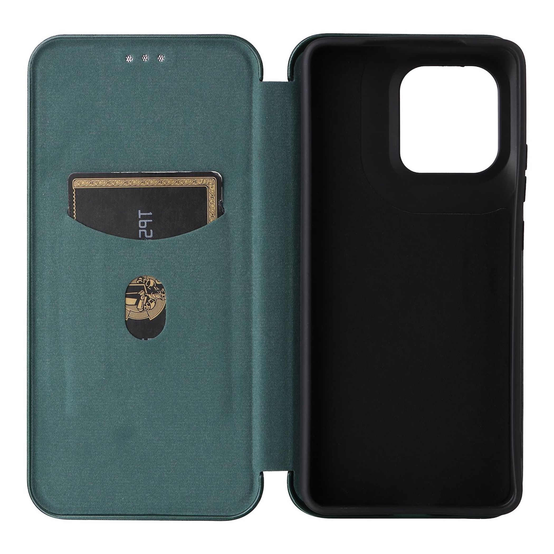 Offene teal Handyhülle, schwarzer Innenraum, Kartenfach mit Karte. Drei kleine Punkte oben.