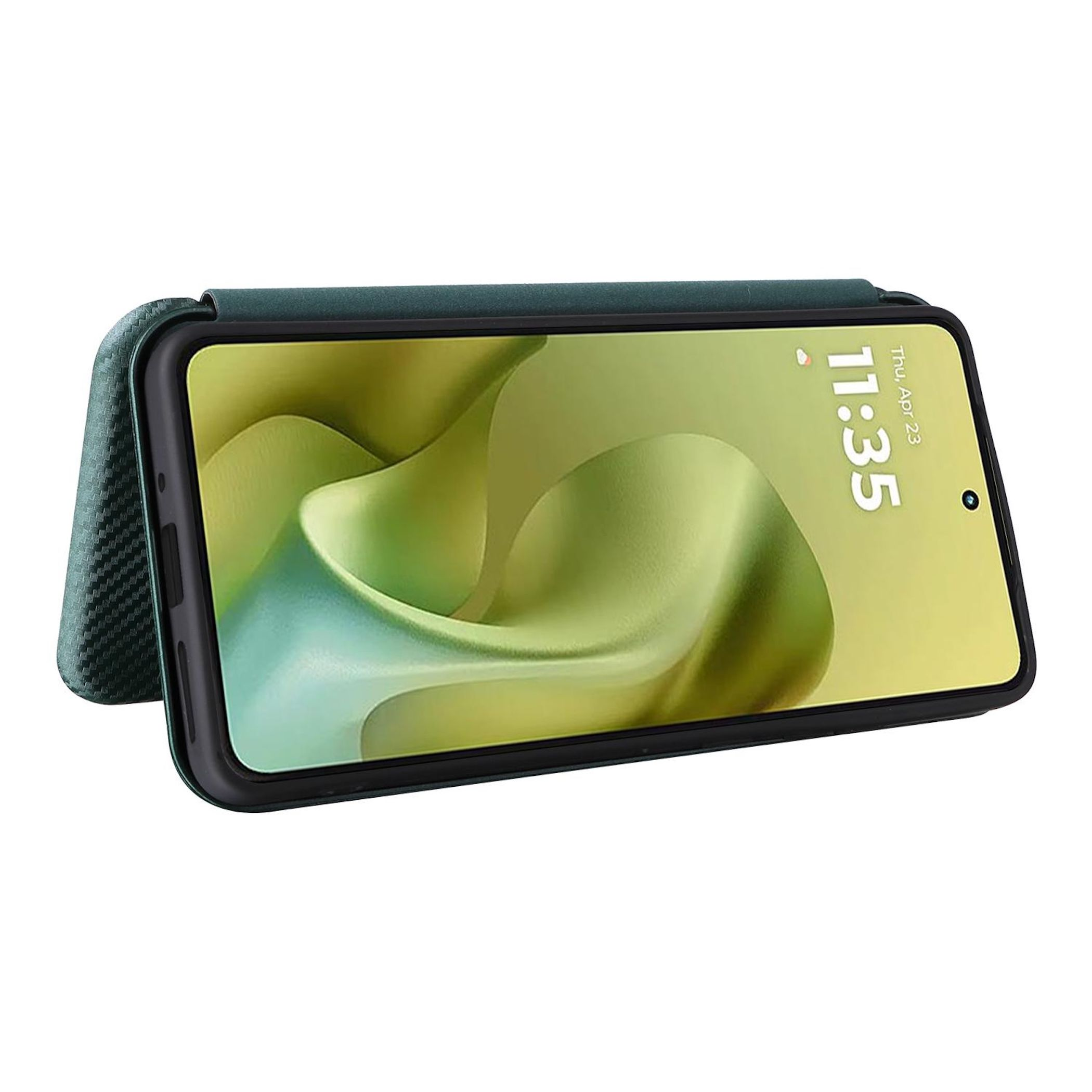 Ein Smartphone in einer grünen Hülle mit der Anzeige 11:35 auf dem Bildschirm. Die Hülle ist geöffnet und zeigt den Bildschirm.