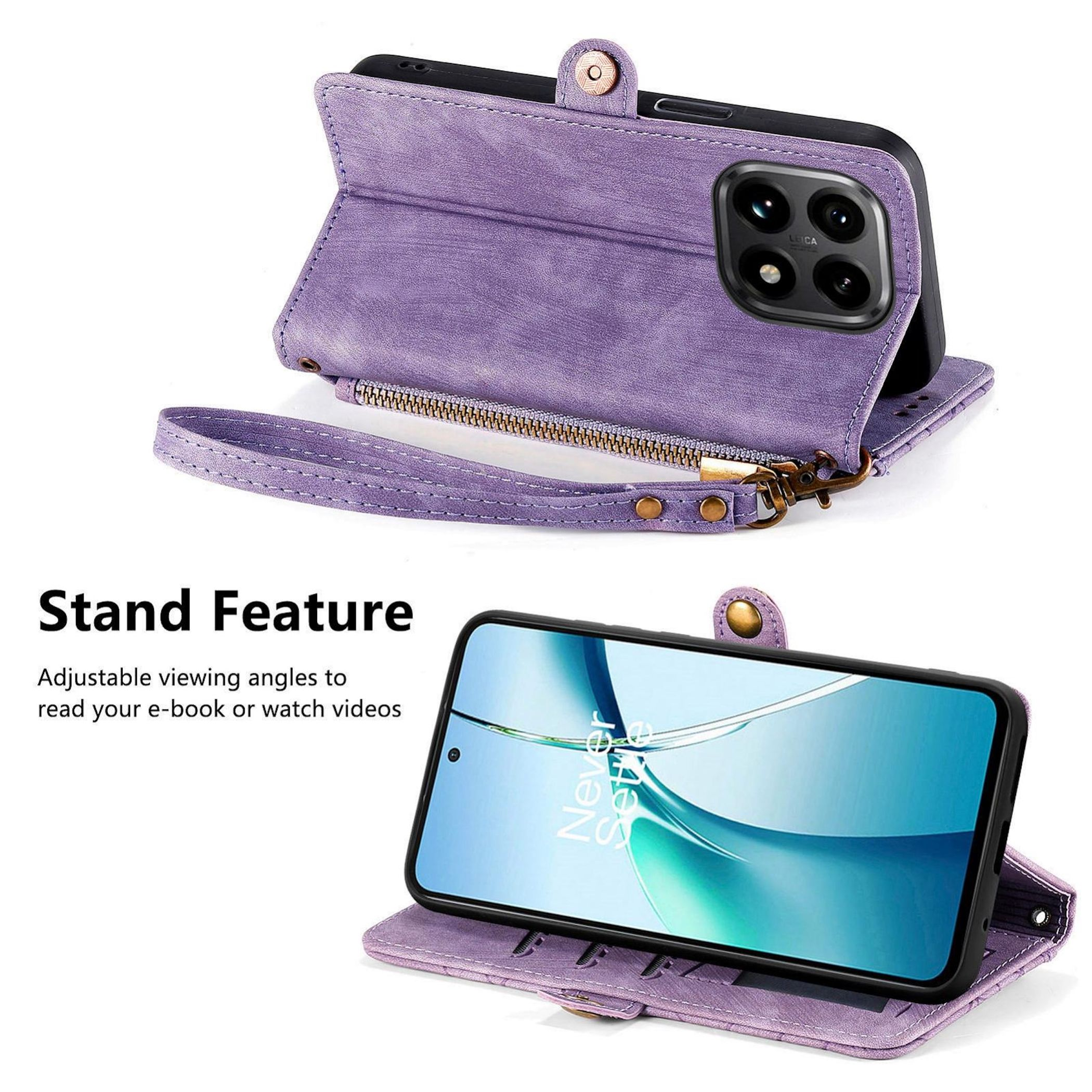 Funda morada con teléfono dentro, abierta. Muestra la función de soporte. Texto: Ángulos de visión ajustables.