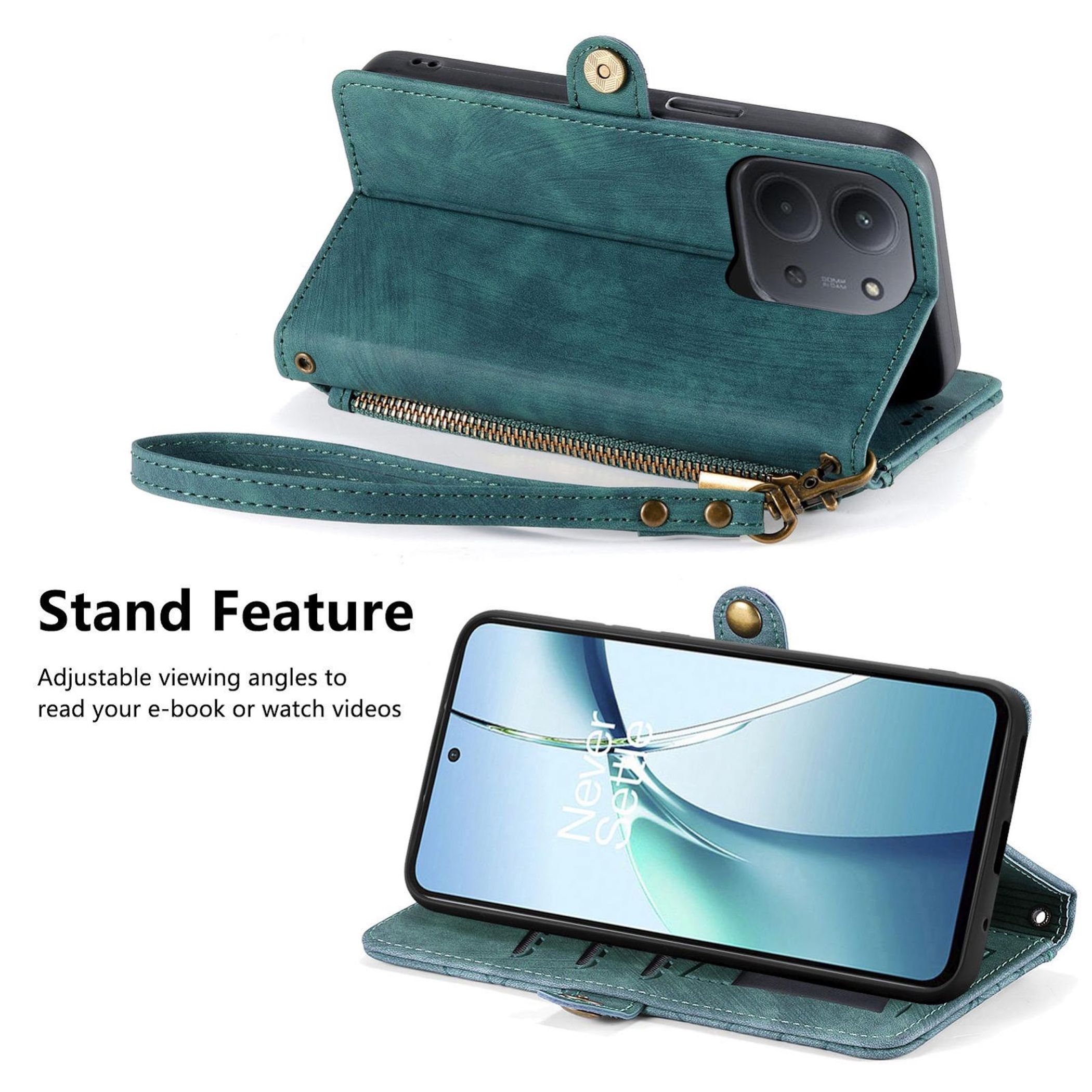 Funda de teléfono verde con función de soporte. Teléfono dentro que muestra la pantalla. La funda está abierta y tiene una correa.