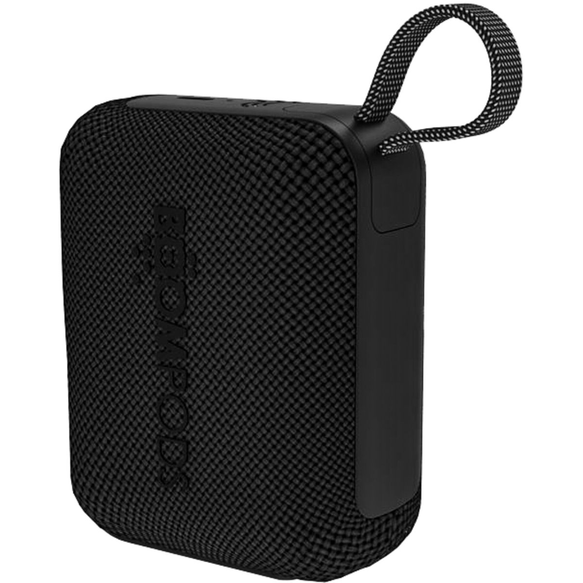 Altoparlante BoomPods nero con maniglia. Ha una trama a rete sul davanti. La maniglia è bianca e nera.