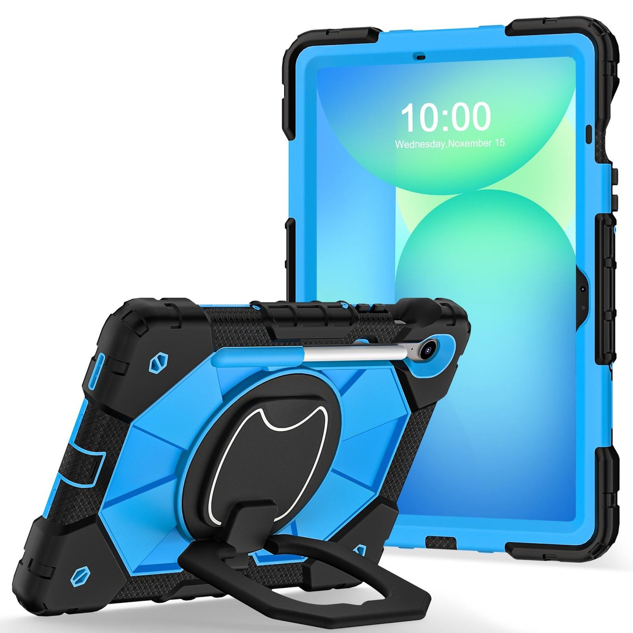 Ein Tablet mit blauem Gehäuse wird gezeigt, das die Uhrzeit anzeigt. Das Gehäuse hat einen Ständer.