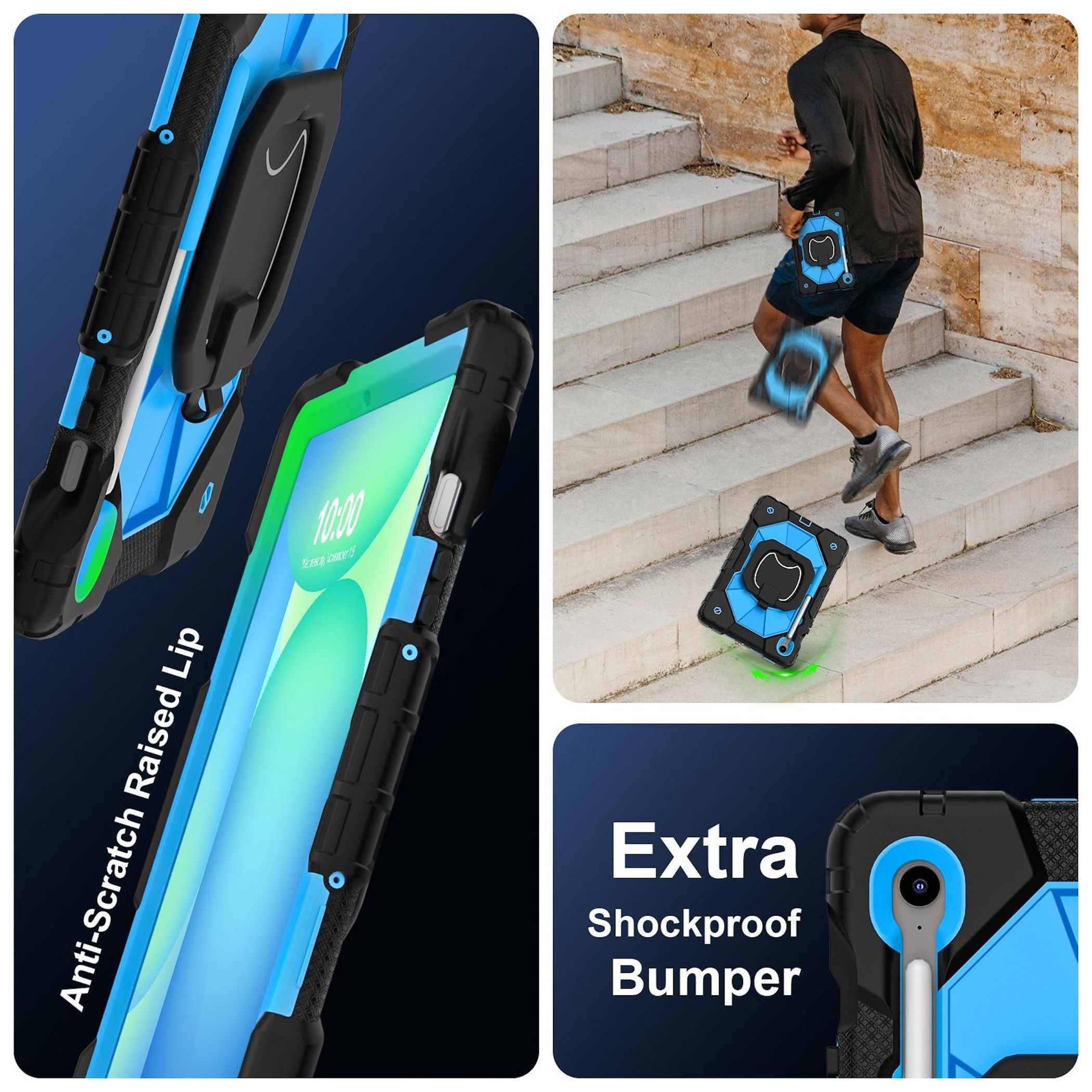 Eine Tablet-Hülle, blau und schwarz, mit einer Person, die Treppen hochläuft. Zusätzliche Bilder zeigen Gehäusedetails und Funktionen.