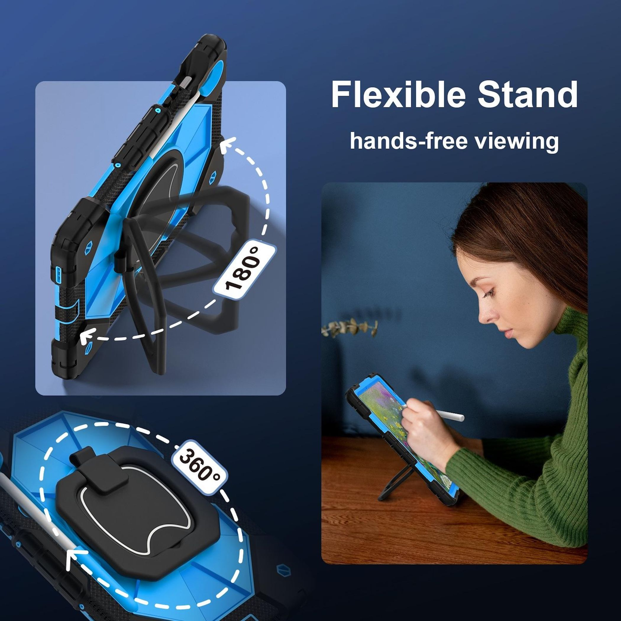 Eine Tablet-Hülle mit flexiblem Ständer. Eine Frau benutzt das Tablet mit einem Stift. Der Ständer dreht sich um 180 und 360 Grad.