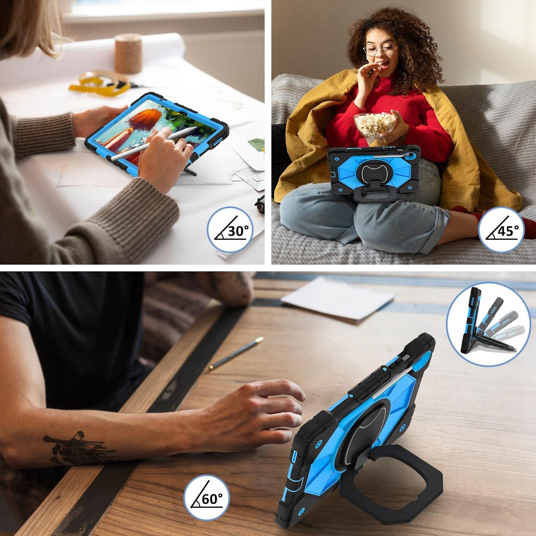 Das Bild zeigt ein Tablet in einer Schutzhülle. Menschen benutzen es in verschiedenen Umgebungen. Verschiedene Blickwinkel des Tablets werden hervorgehoben.