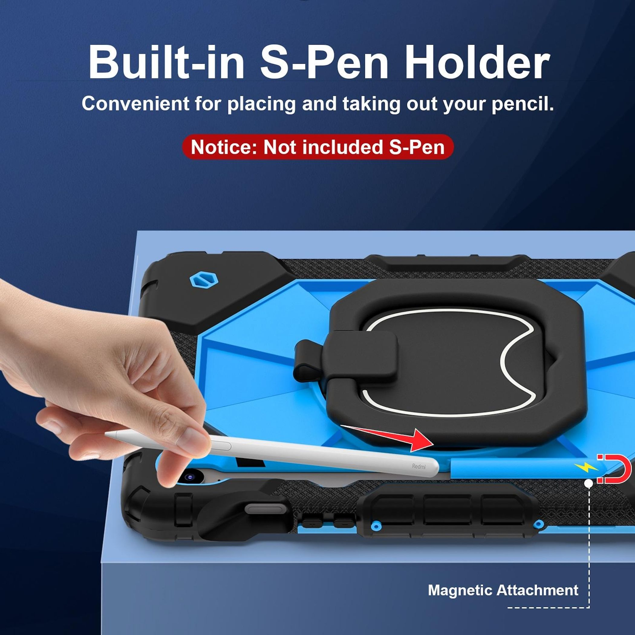 Eine Hand, die einen weißen Stift in der Nähe einer schwarzen Hülle mit blauem Akzent hält. Text: 'Built-in S-Pen Holder.'