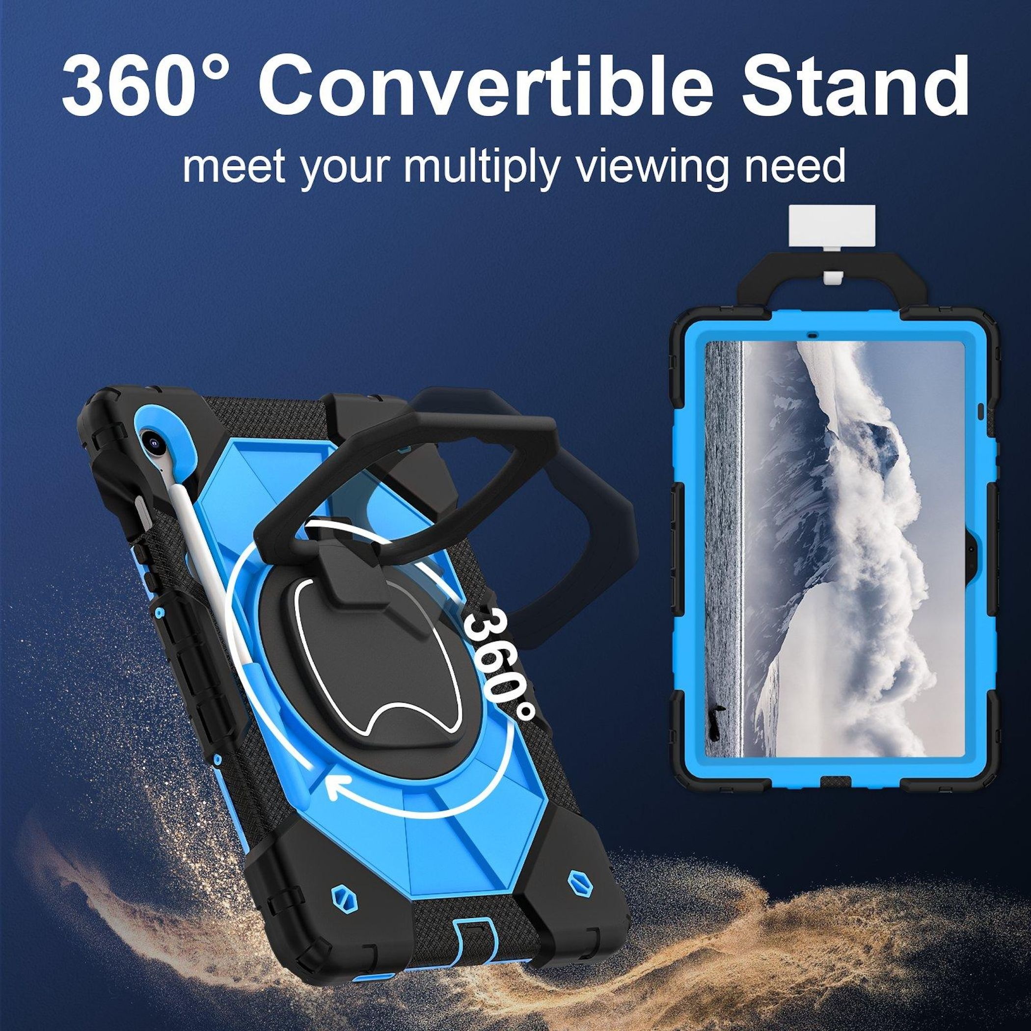 Eine Tablet-Hülle mit 360°-Ständer, blau und schwarz. Text: 360° Convertible Stand. Erfüllen Sie Ihre vielfältigen Sehbedürfnisse.