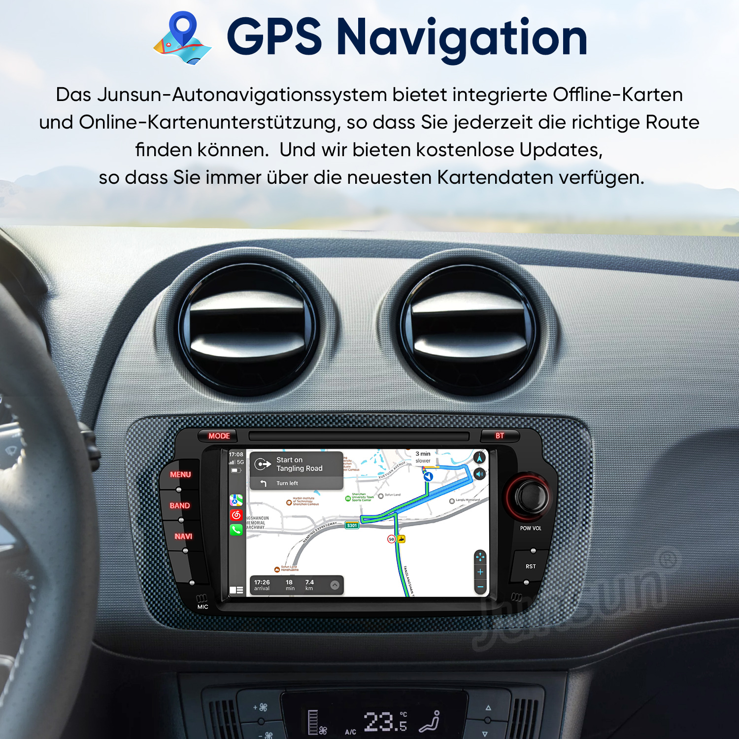 Auto-Armaturenbrett mit GPS-Navigation und Karte. Der Bildschirm zeigt Routenführung.