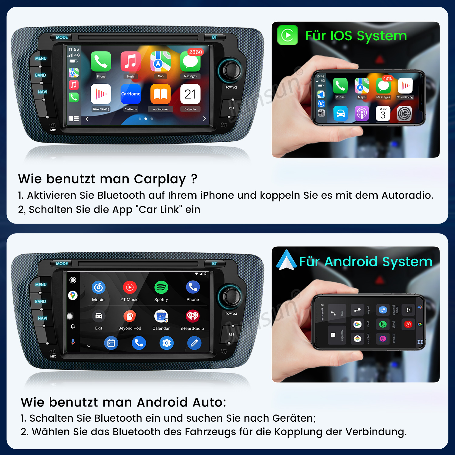 Autoradio mit iOS- und Android-Systemoptionen. Zeigt Menü, Apps und Anweisungen zur Nutzung.