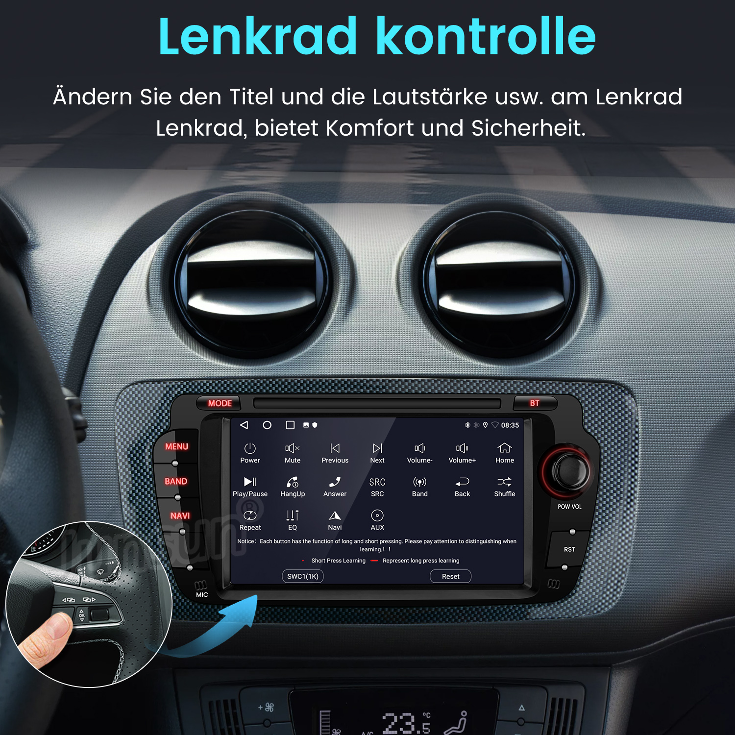 Armaturenbrett mit Multimedia-System und Lenkradbedienelementen. Der Bildschirm zeigt verschiedene Funktionstasten.