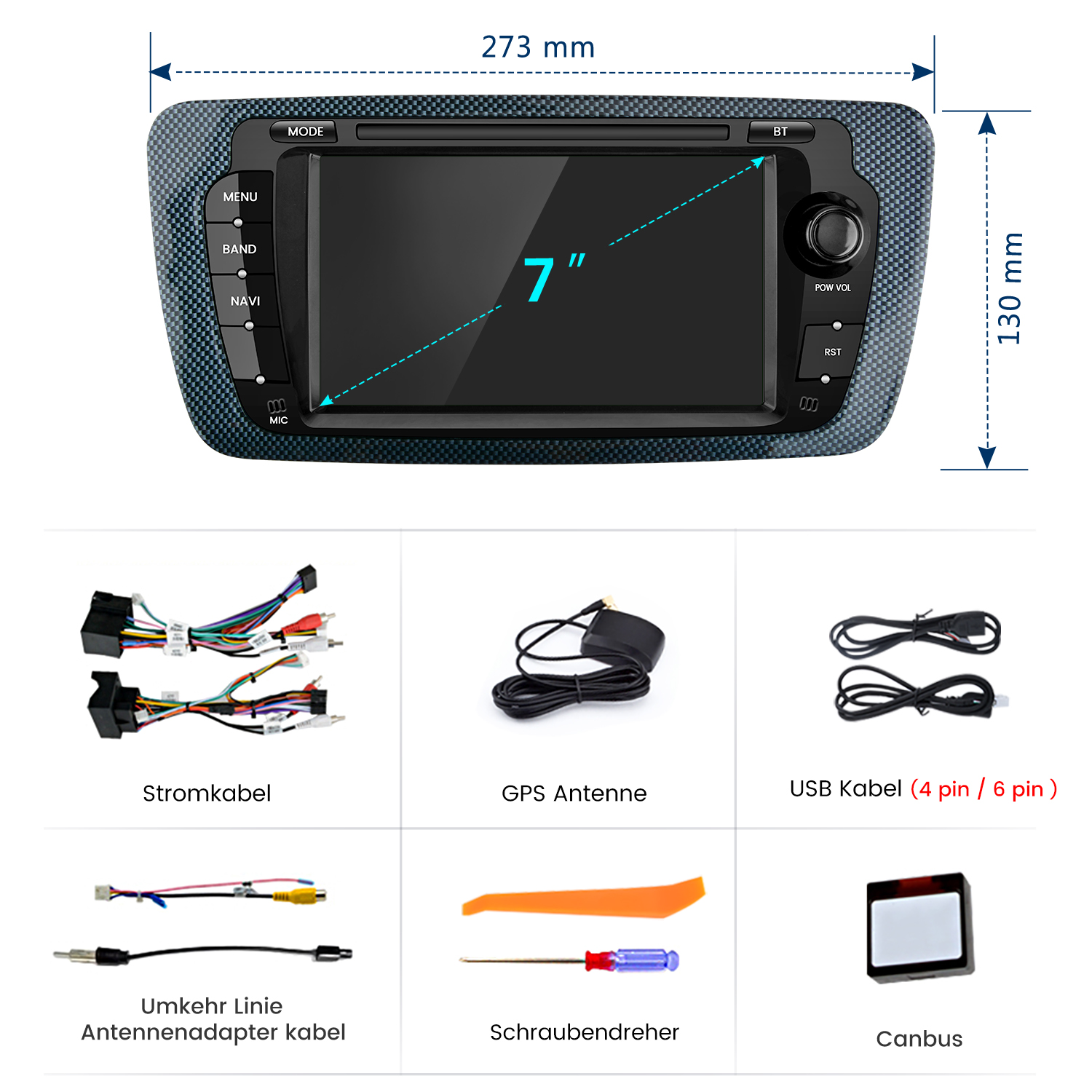 Autoradio mit 7-Zoll-Bildschirm und Zubehör: Kabel, GPS-Antenne, USB-Kabel, Adapterkabel, Schraubendreher und Canbus.
