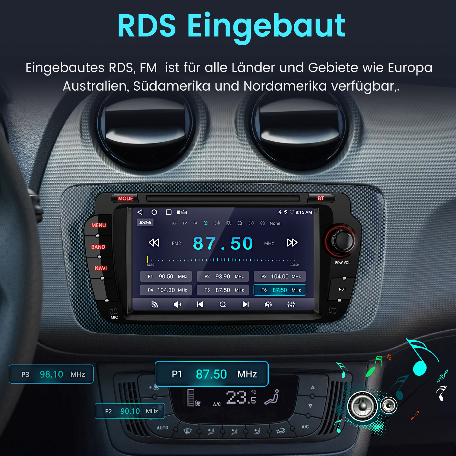 Autoradio mit Anzeige 87,50 MHz. Oben steht RDS Eingebaut. Andere Tasten und Bildschirm sichtbar.