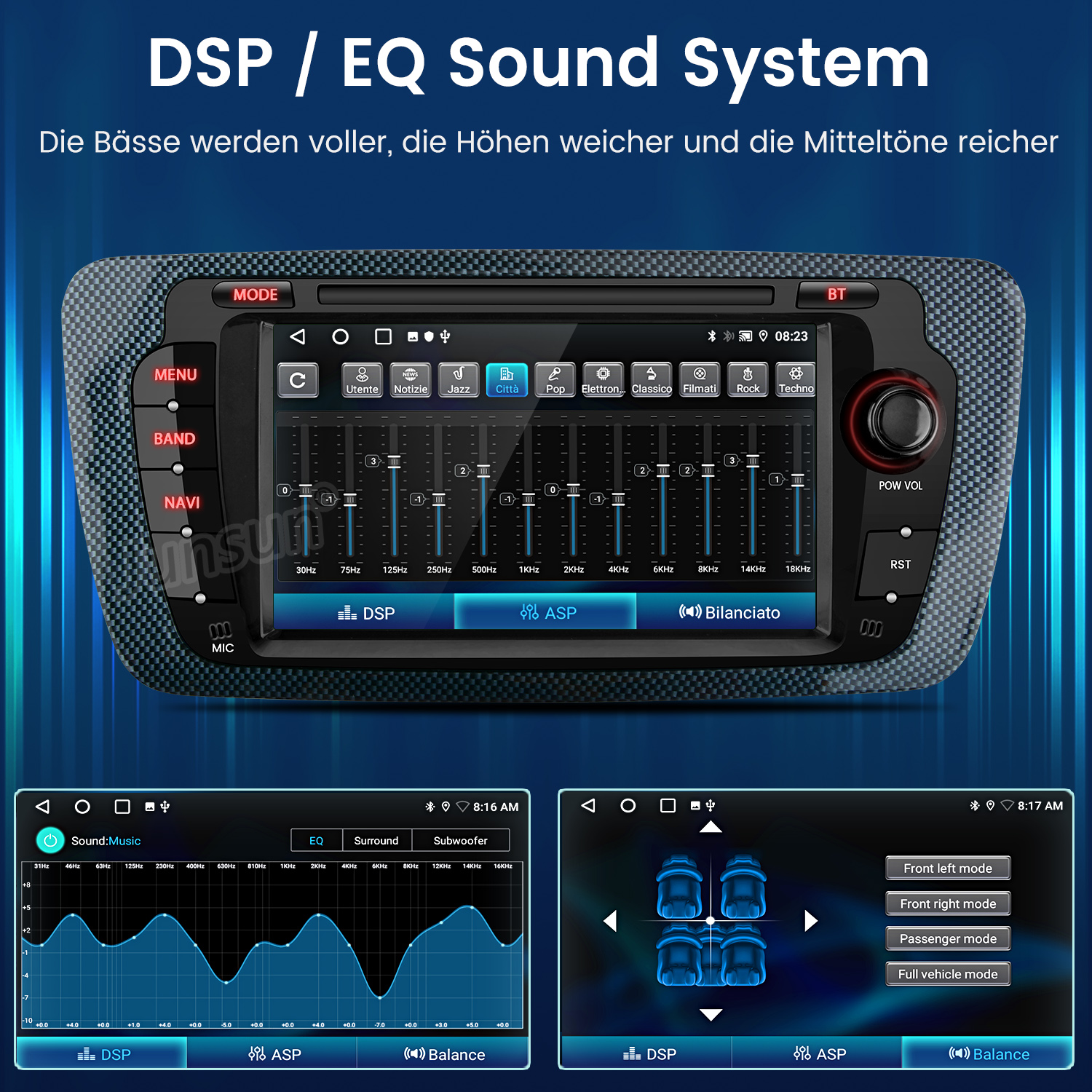 Auto-Audiosystem-Oberfläche mit Equalizer-Einstellungen und verschiedenen Tonmodi auf dem Bildschirm.