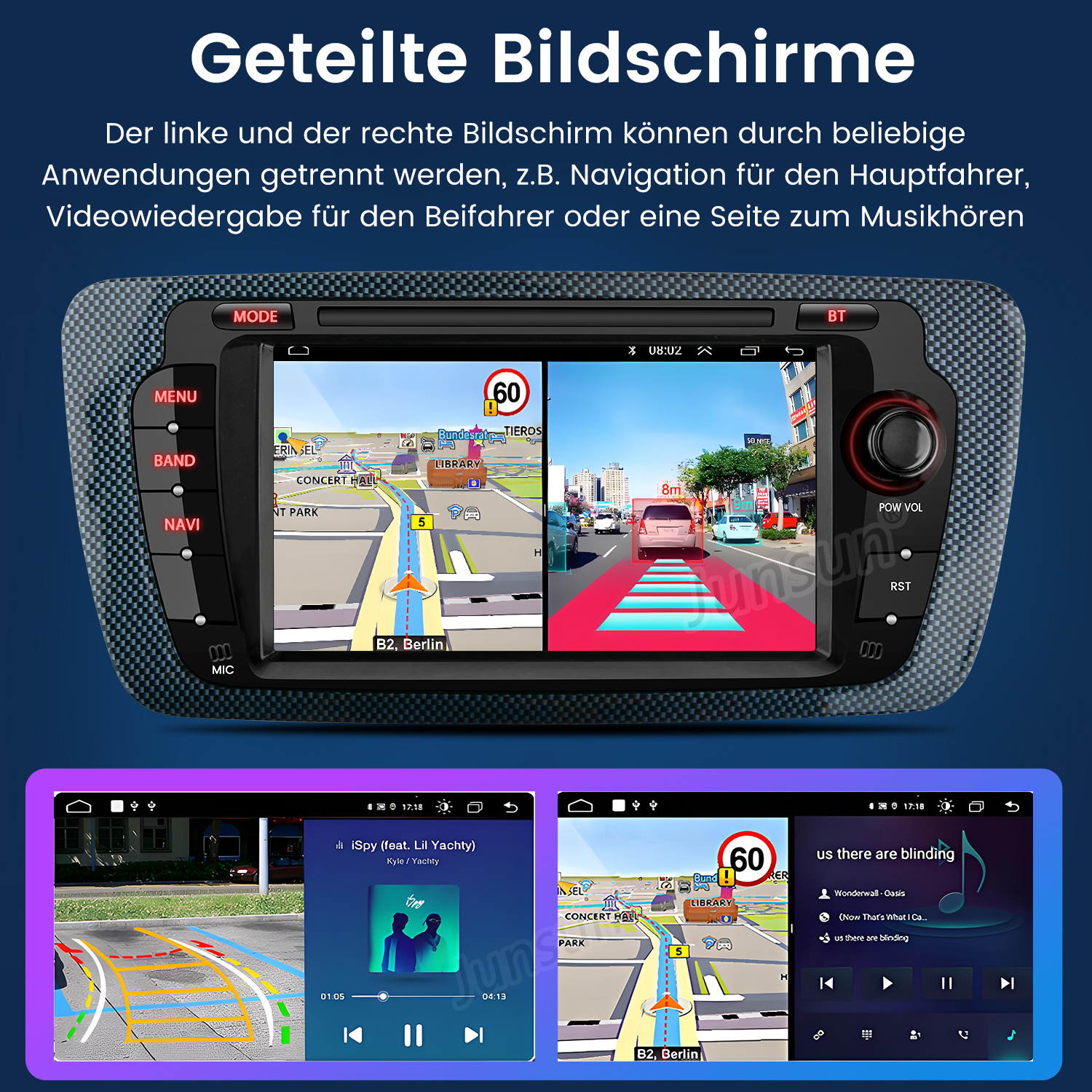 Autonavigationssystem-Bildschirm mit Karte, Musik- und Videoplayer sowie einem Geschwindigkeitsbegrenzungsschild.
