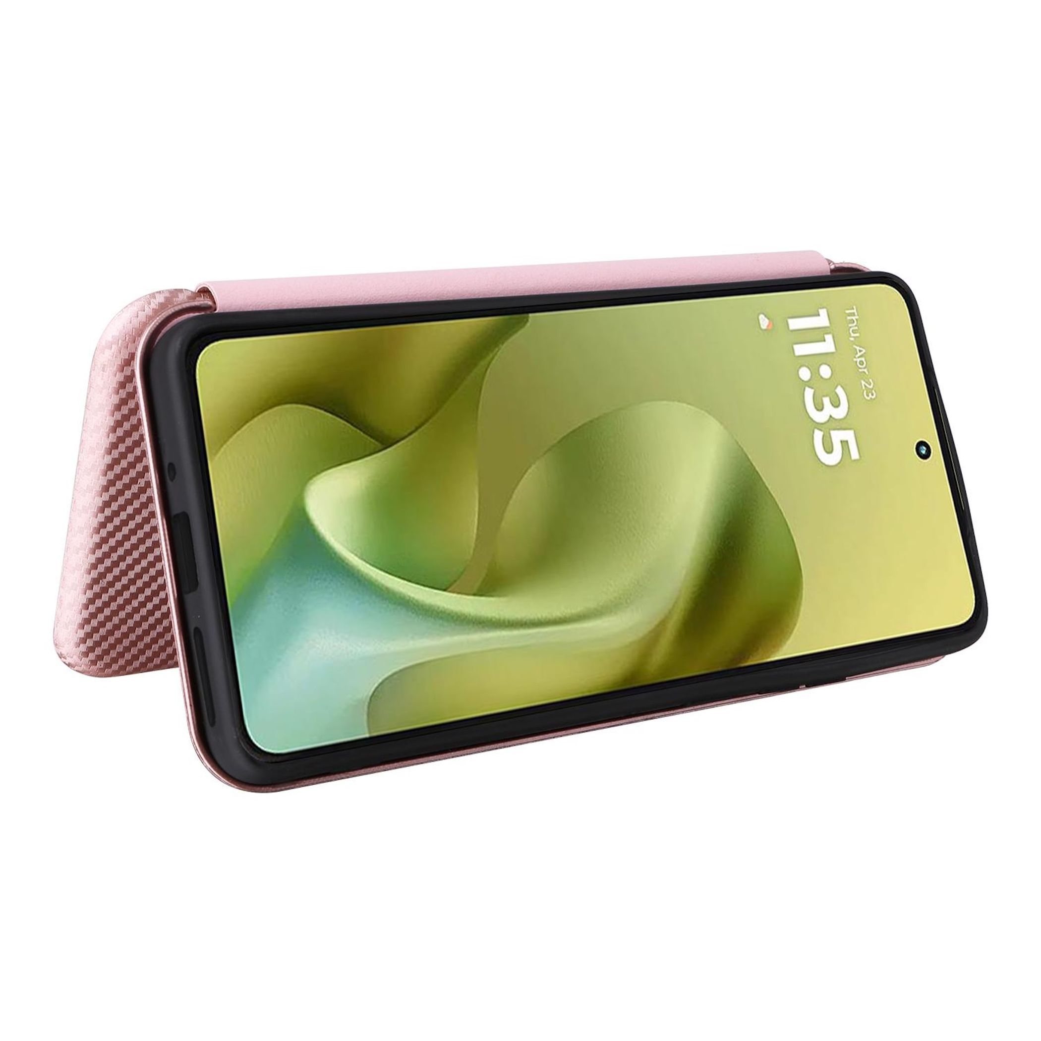 Eine rosa Handyhülle mit einem Handy, das 11:35 anzeigt. Die Hülle ist offen und zeigt den Bildschirm.