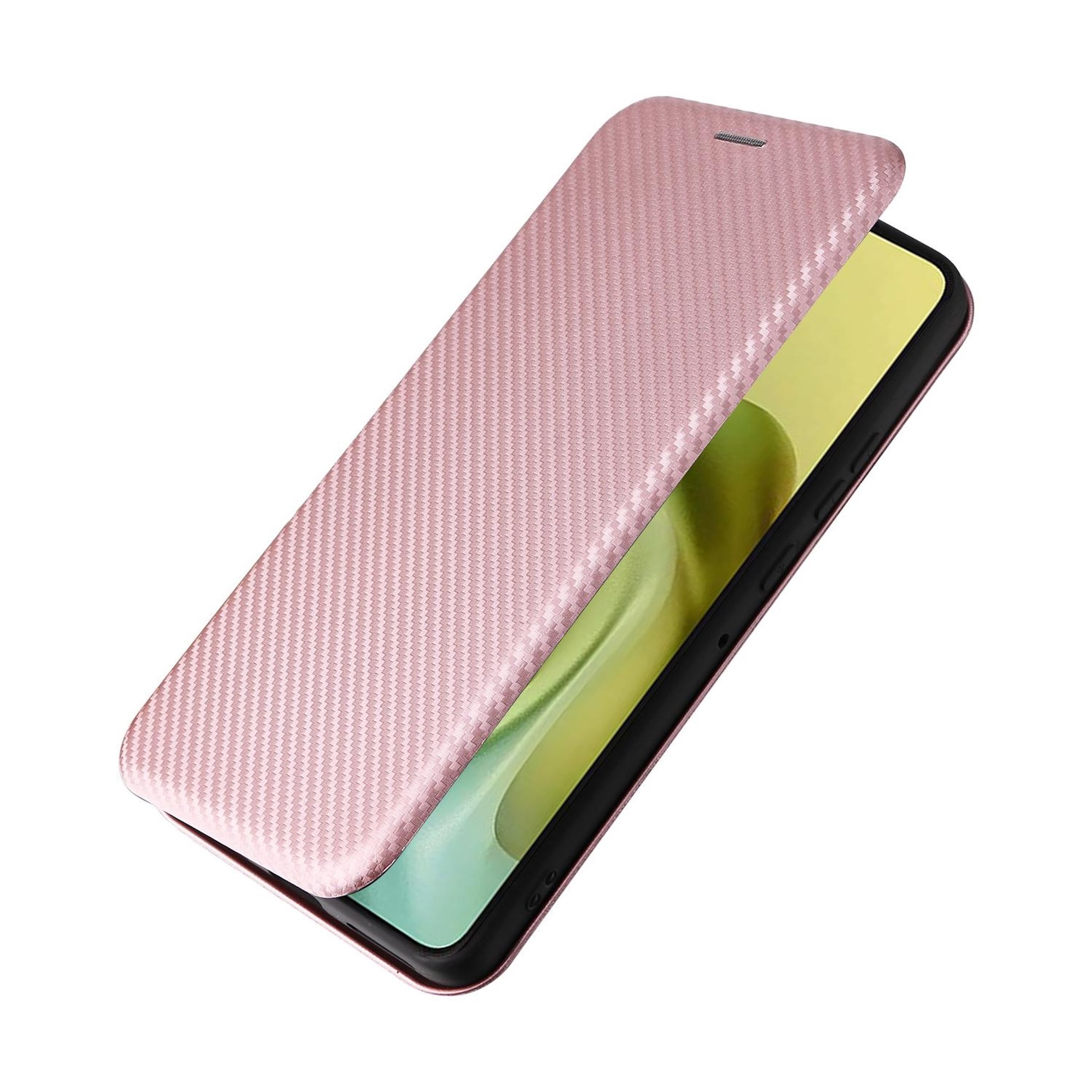 Eine rosa Handyhülle mit strukturierter Oberfläche, die geöffnet ist, um einen Telefonbildschirm freizugeben. Der Hintergrund ist weiß.