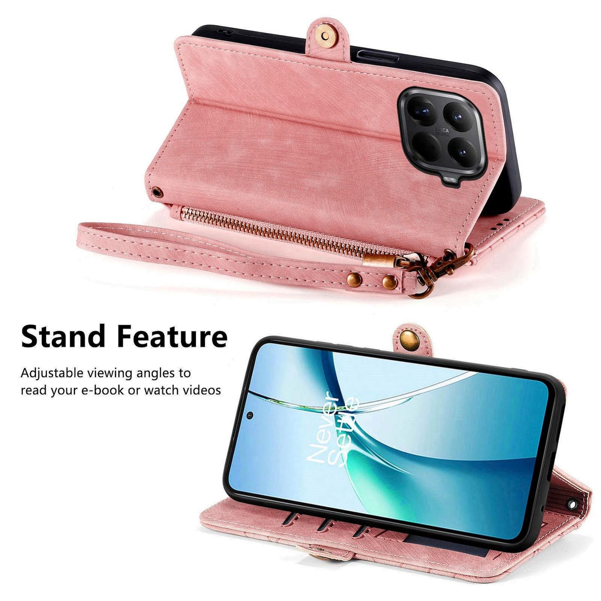 Funda rosa para teléfono con función de soporte. Sostiene un teléfono que muestra una pantalla azul. La funda tiene cremallera y correa.