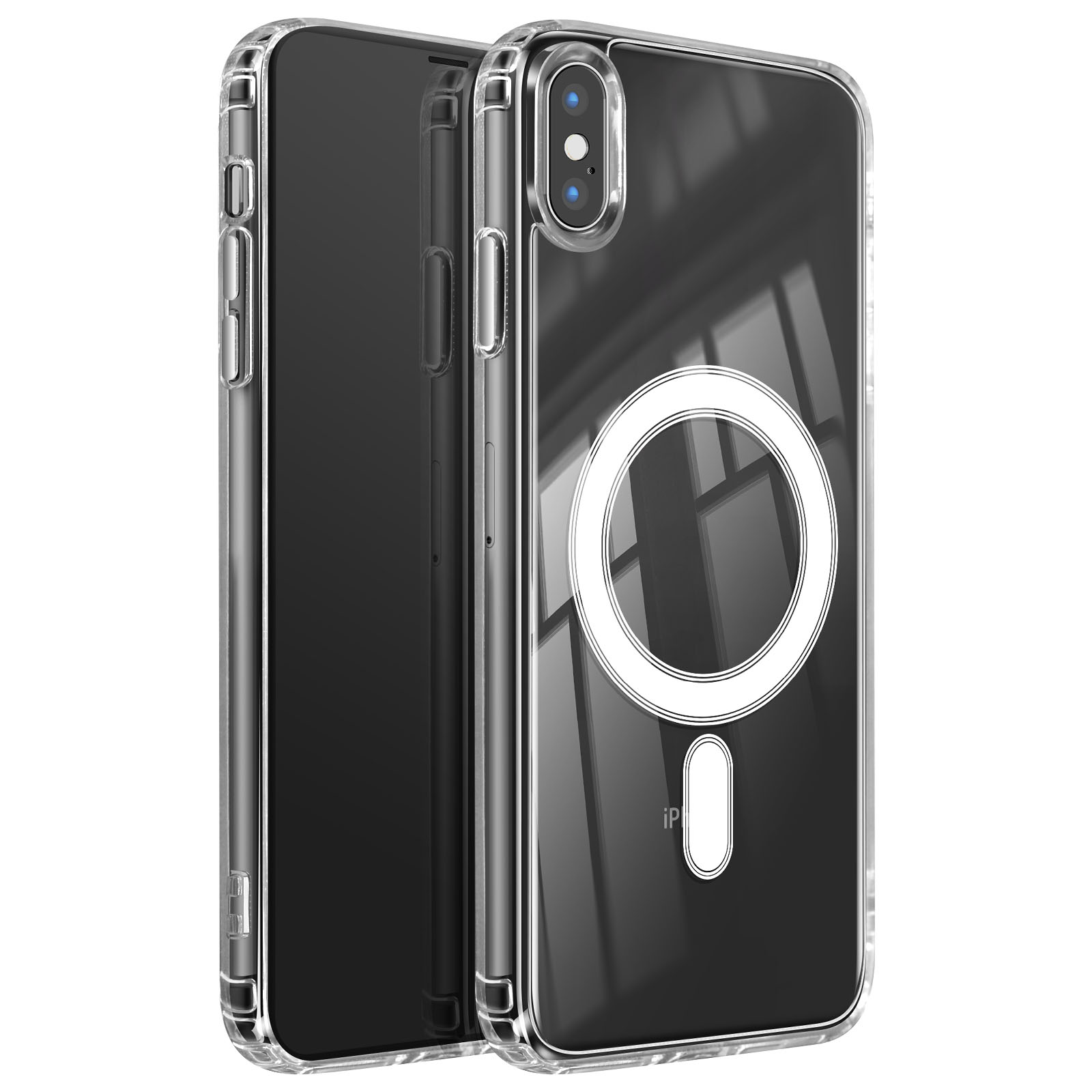 Una custodia trasparente per telefono con un iPhone all'interno. Un anello bianco e un ovale lungo sono sul retro della custodia.