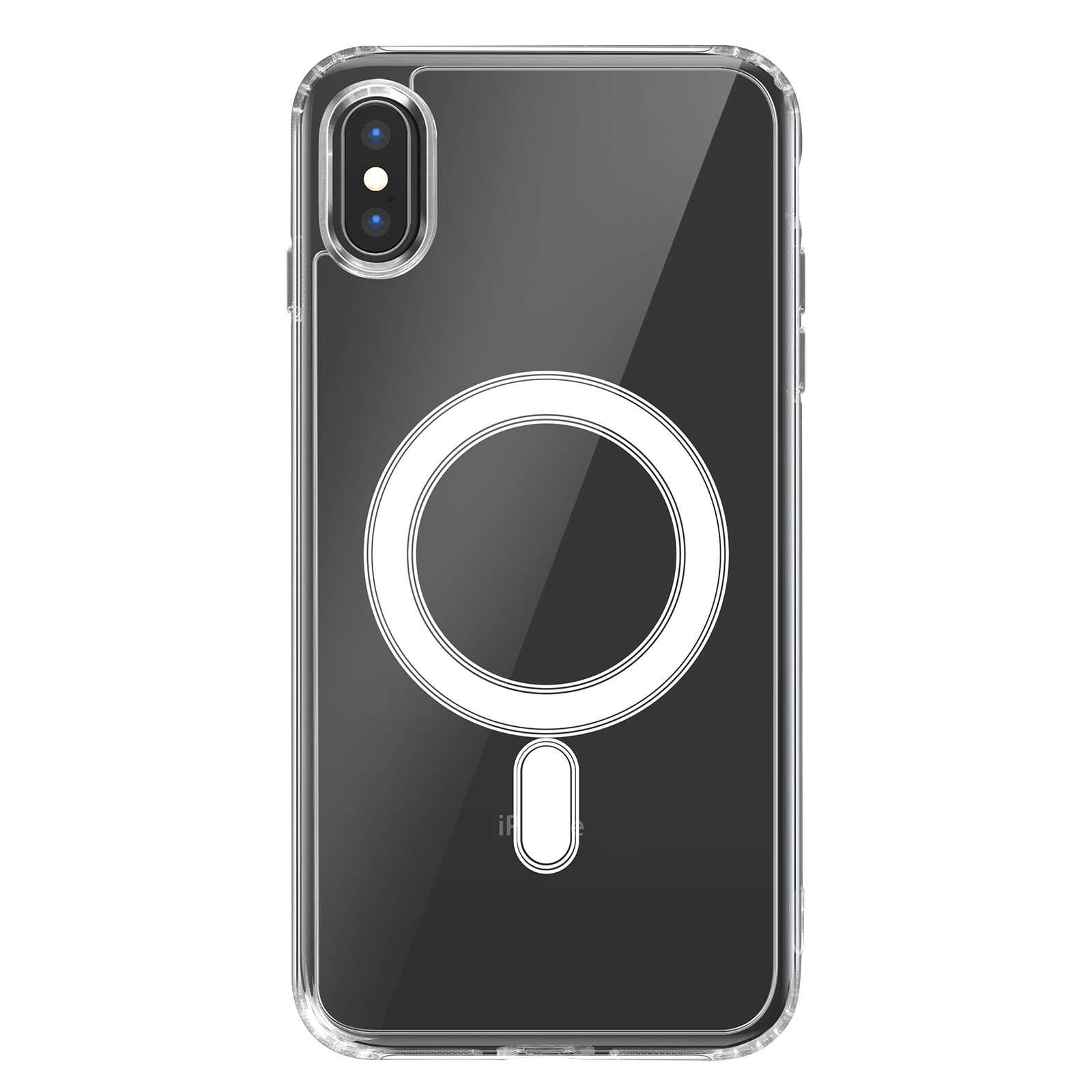 Custodia trasparente per telefono con anello bianco e rettangolo inferiore. Telefono e fotocamera visibili.