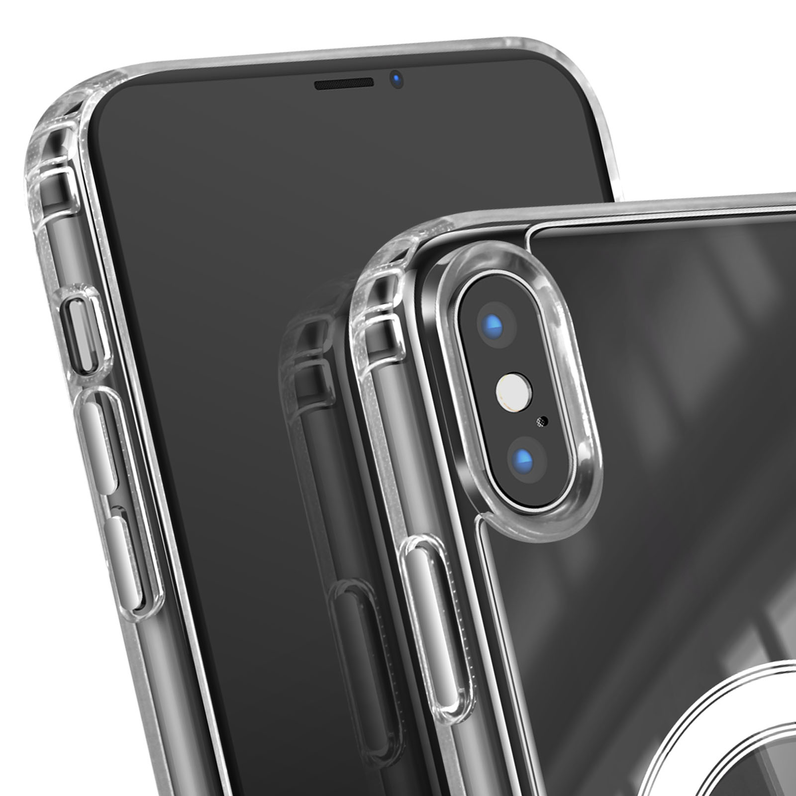 Due smartphone in custodie trasparenti. Uno ha una fotocamera con luci blu. L'altro ha una fotocamera frontale.