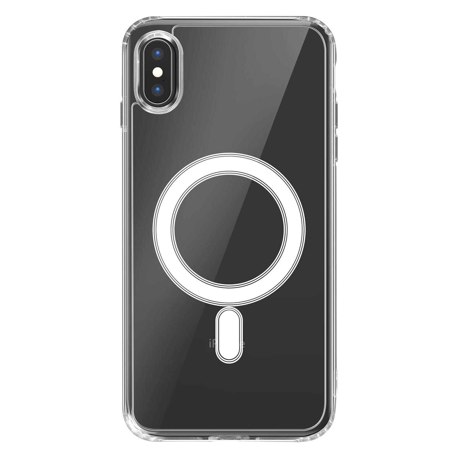 Custodia trasparente per telefono. Ha un design ad anello e rettangolo bianco. Fotocamera del telefono visibile. Sfondo bianco.