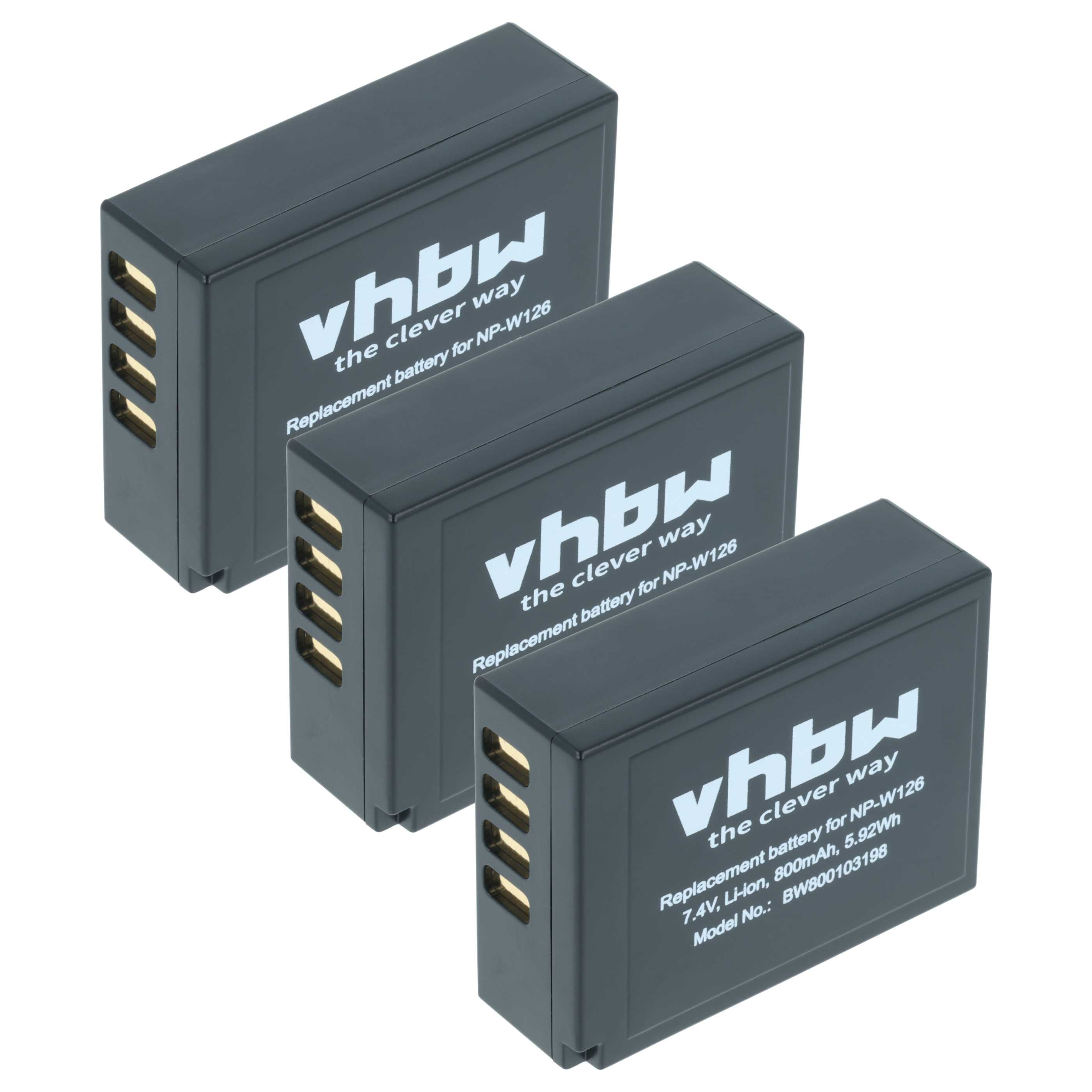 Drei dunkelgraue rechteckige Batterien sind diagonal angeordnet. Jede hat den Text "vhbw" und "Replacement battery for NP-W126".